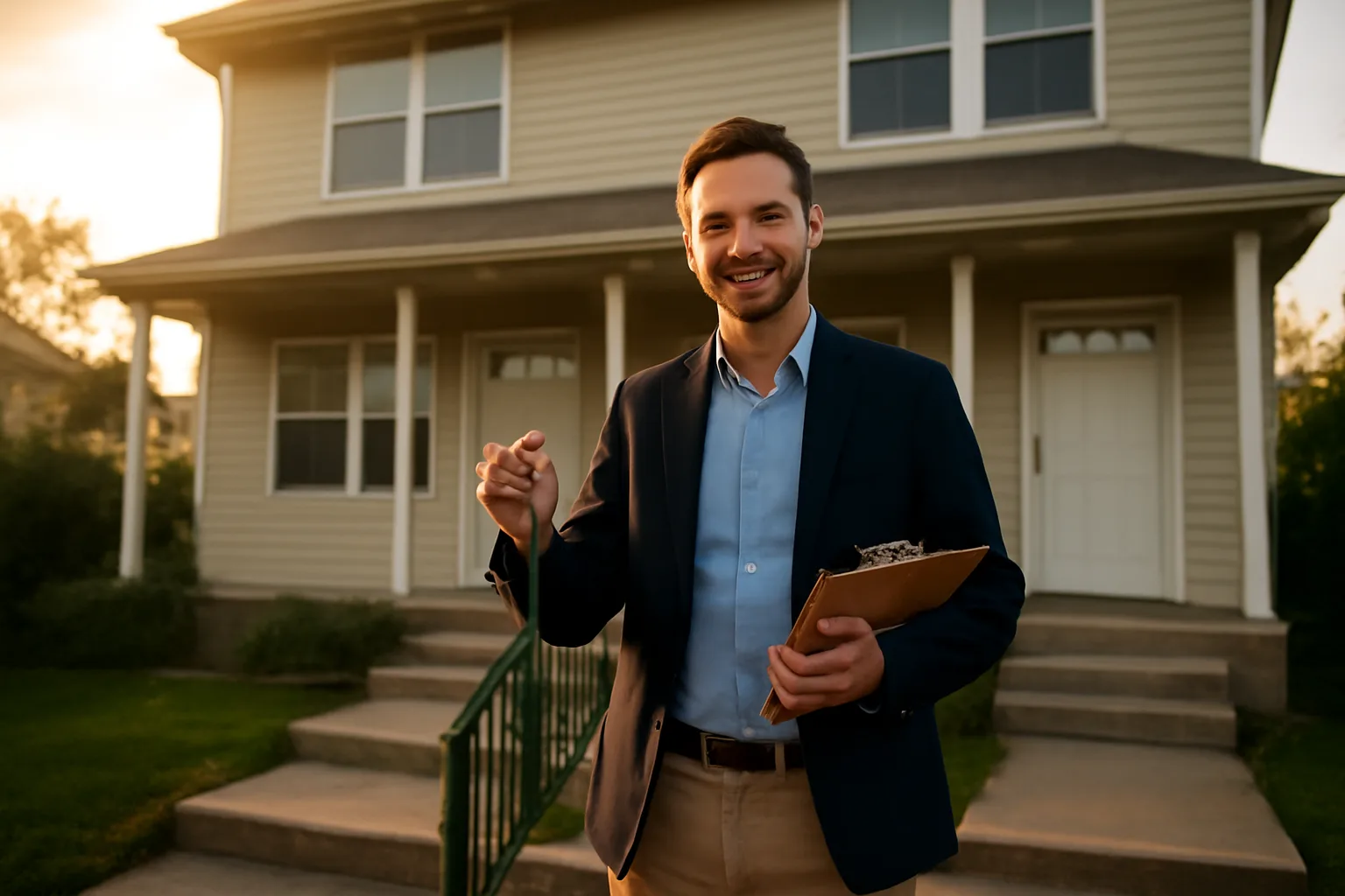 Landlord standing on rental property steps preparing for a licensing inspection at dusk
