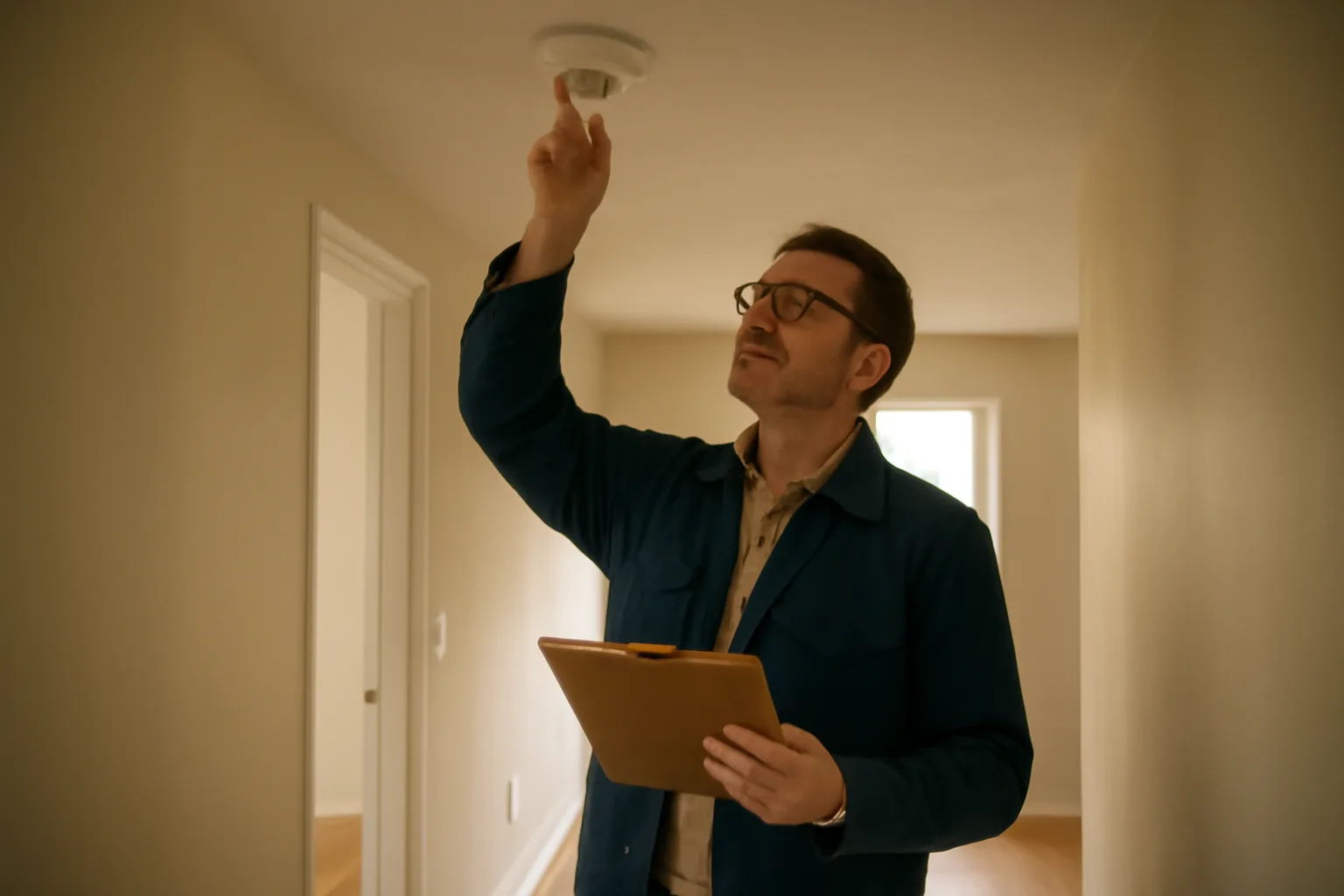 Landlord checking a smoke detector during a rental property inspection walk-through