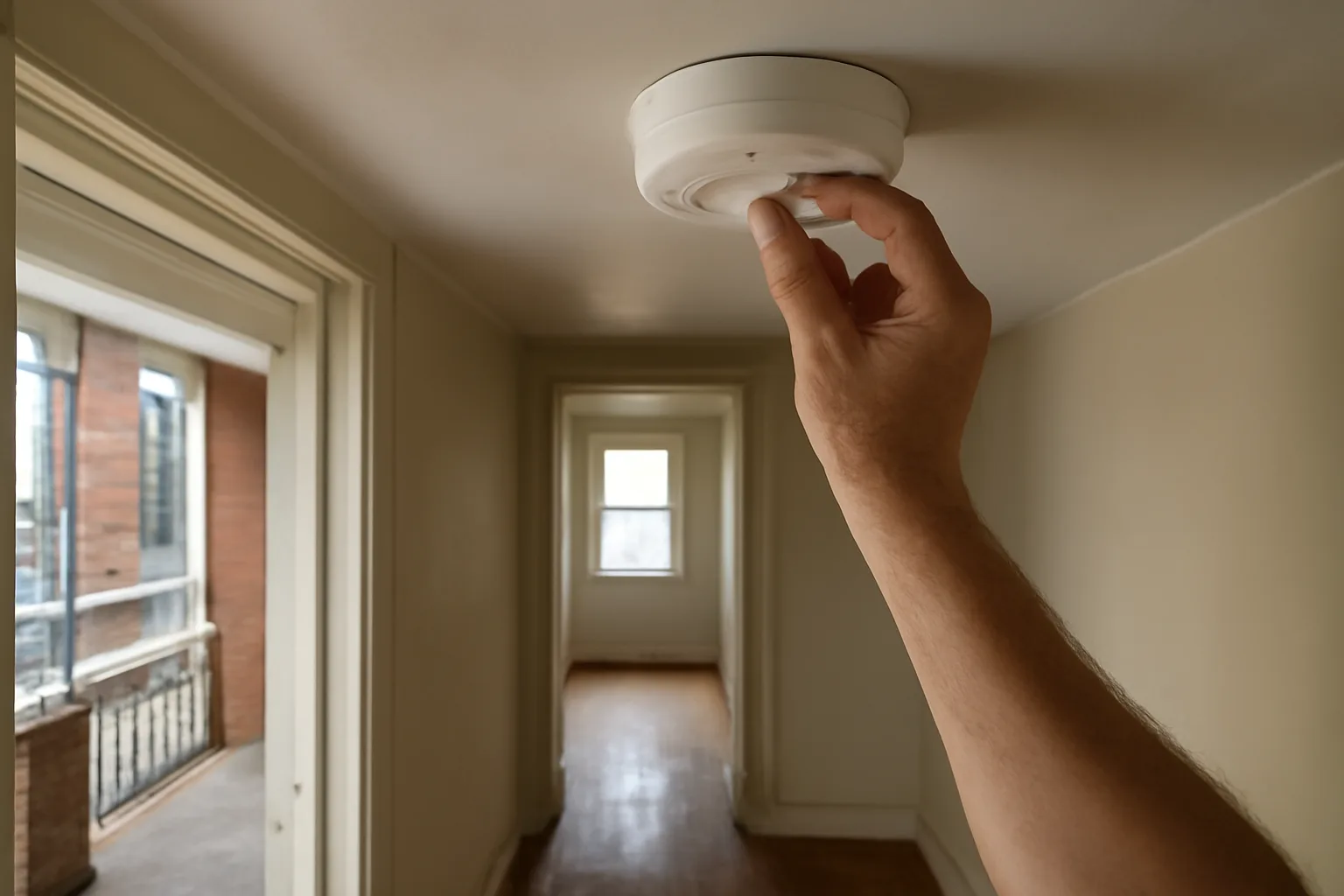 Landlord checking a smoke detector during a Philadelphia rental unit inspection
