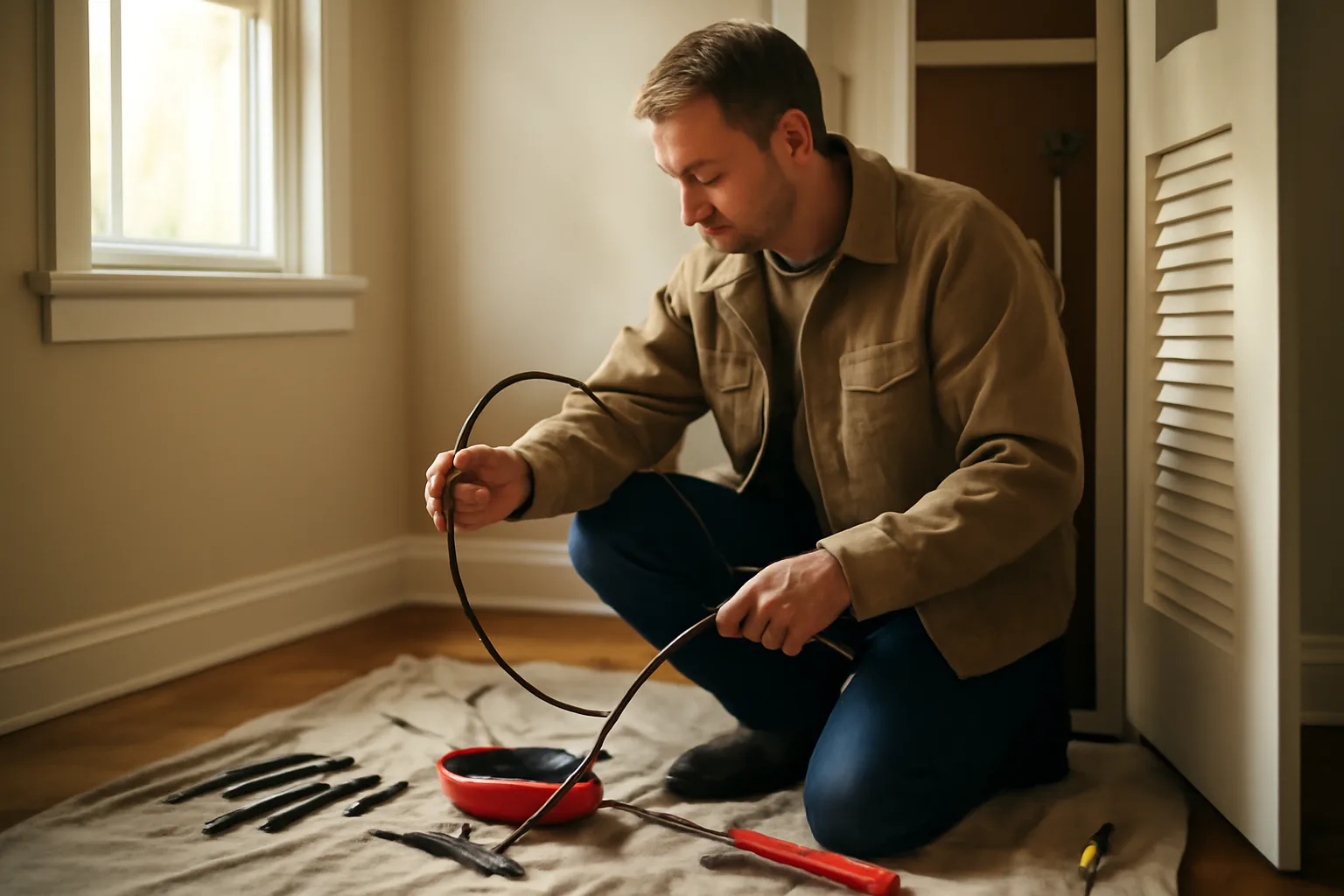 Landlord using a flexible inspection camera cable near a utility closet during a rental property check