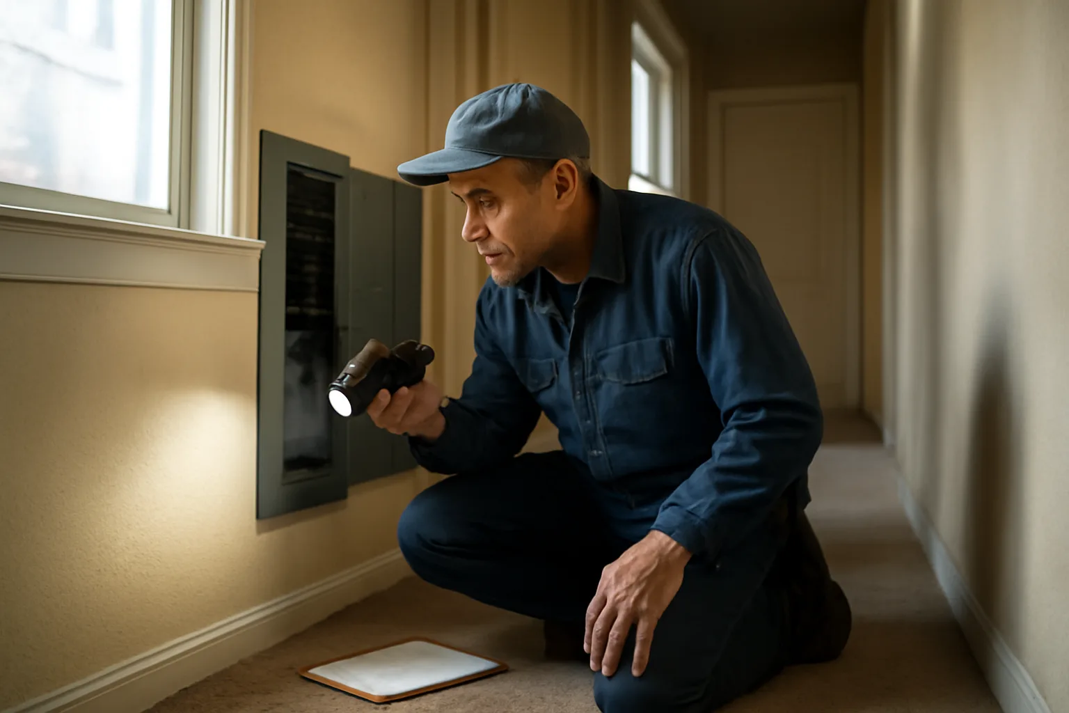 Landlord inspecting an electrical panel during a rental property walk-through