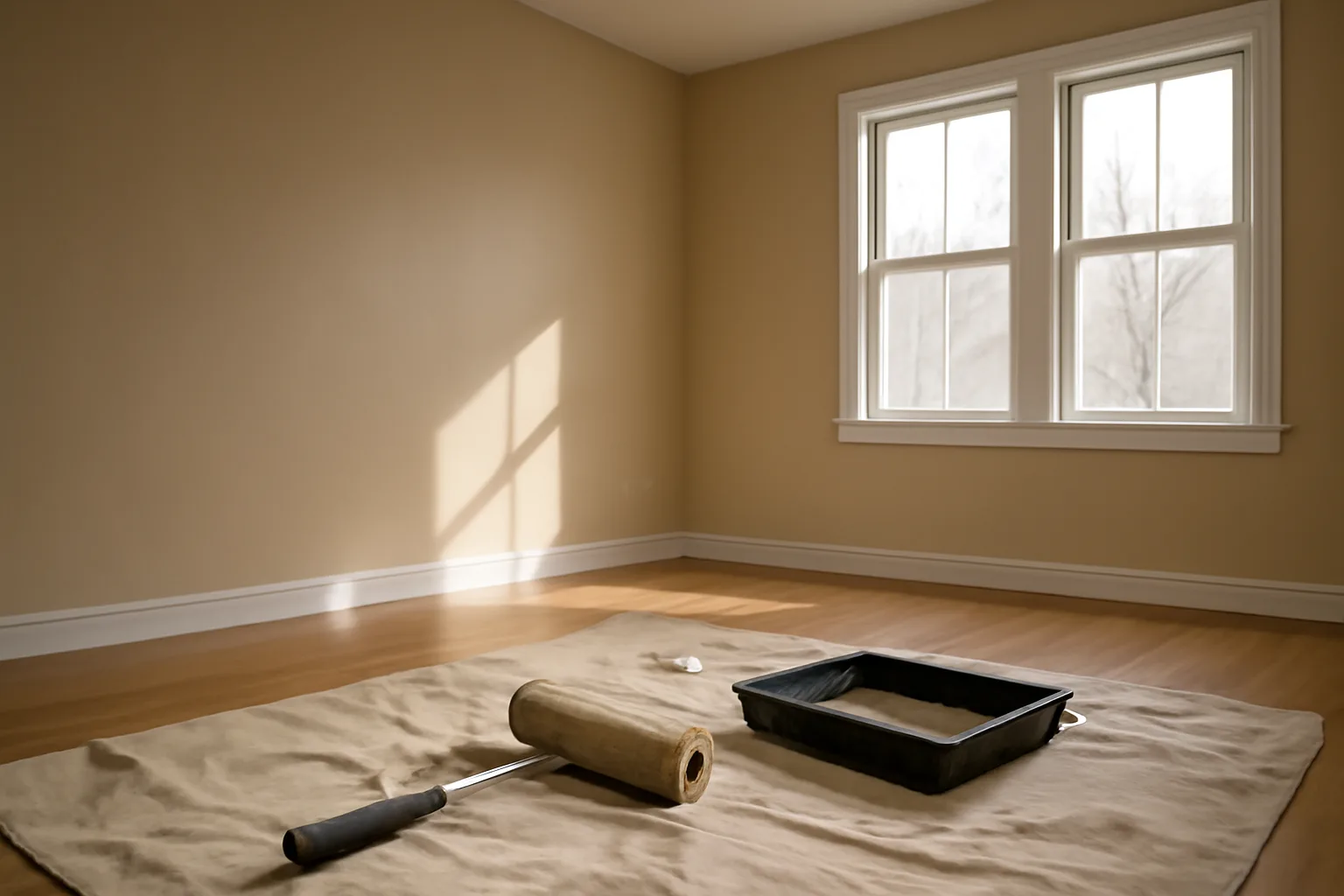 Empty rental bedroom with fresh paint and a roller on a drop cloth