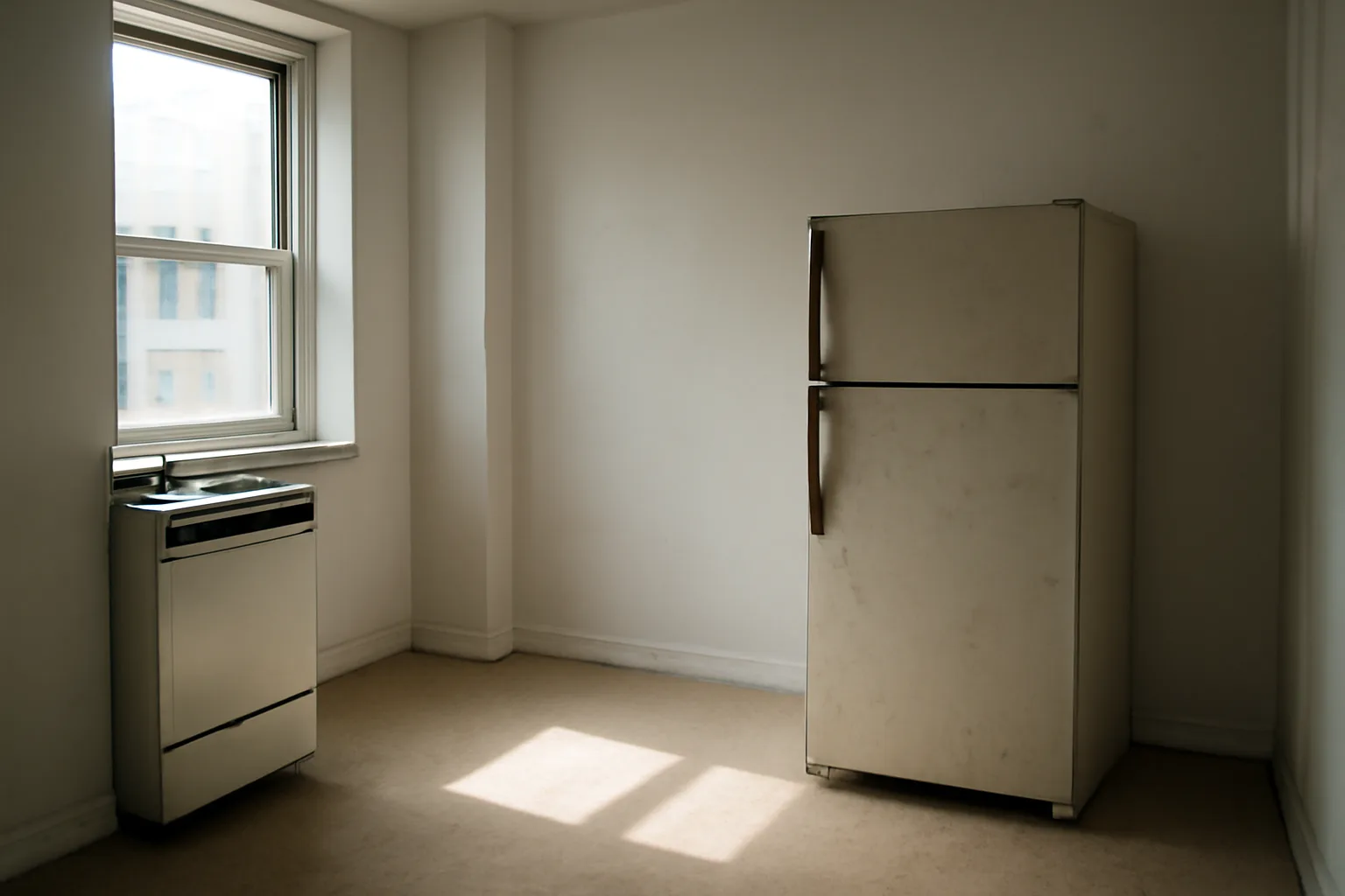 Empty rental kitchen with a lone refrigerator, illustrating landlord refrigerator requirements