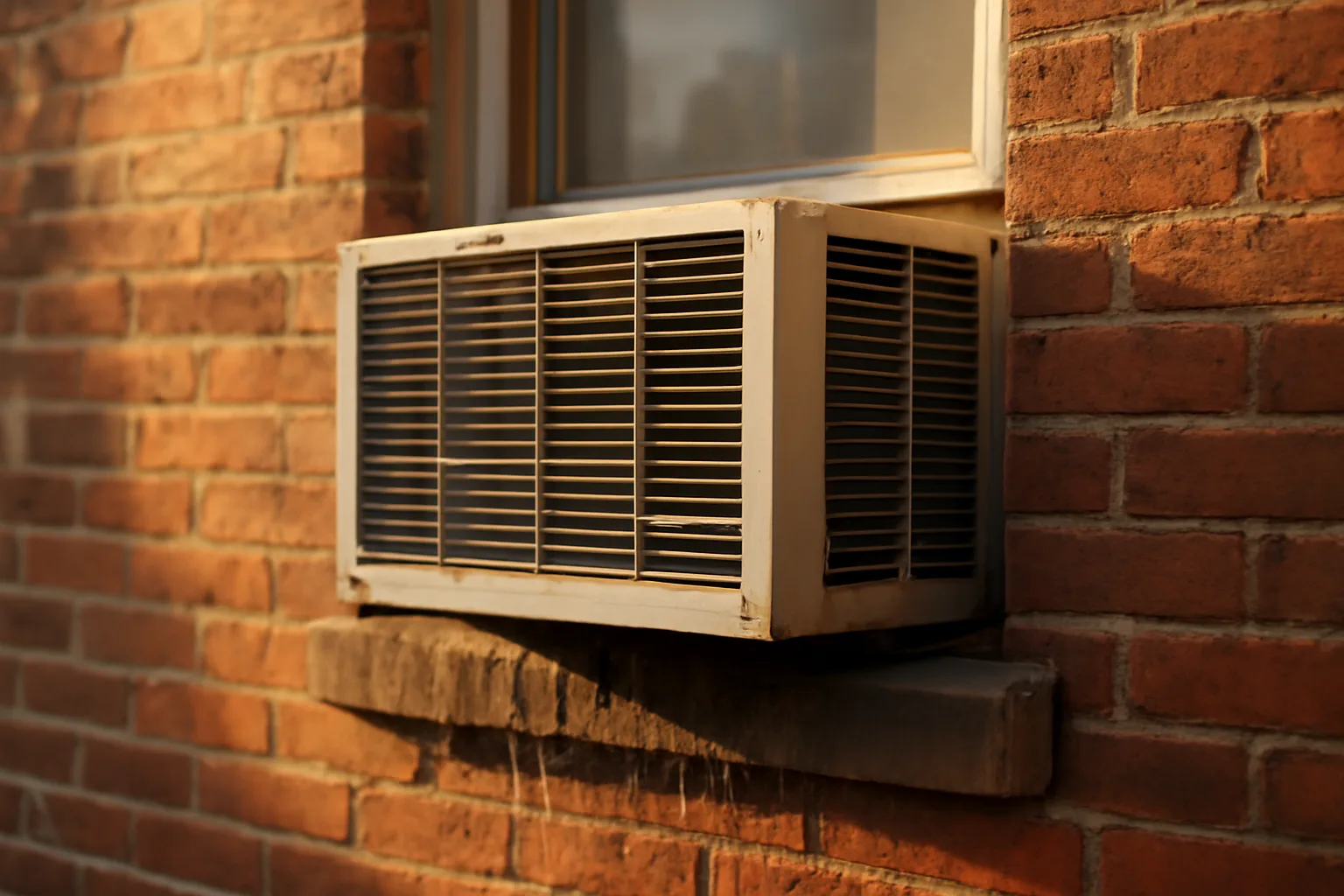 Window air conditioning unit installed in an older brick apartment building