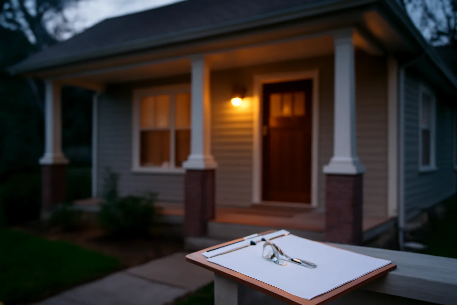 Landlord standing on a rental property porch holding keys at dusk