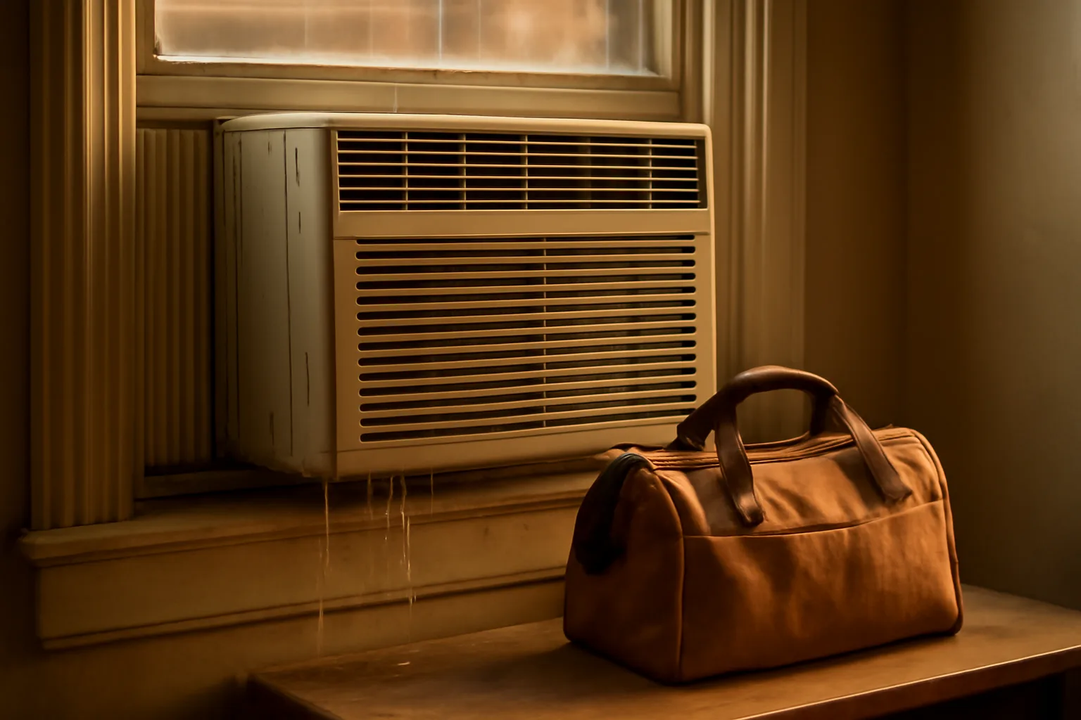 Window air conditioner unit in an apartment window during a hot afternoon