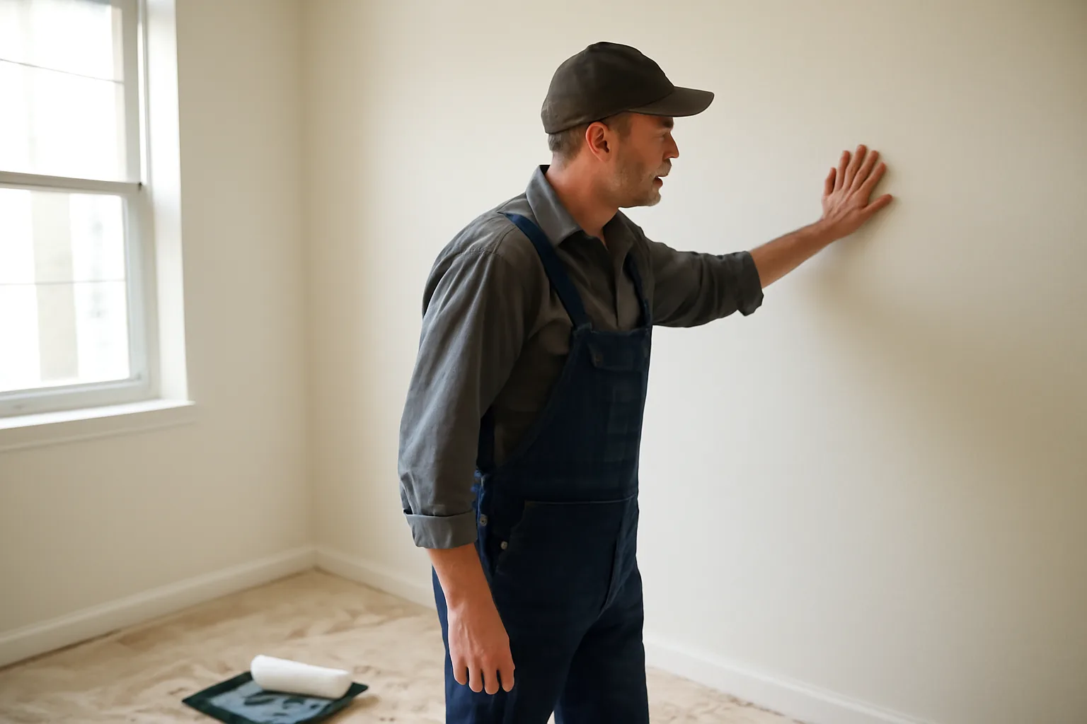 Landlord inspecting bare apartment wall before deciding whether to repaint between tenants