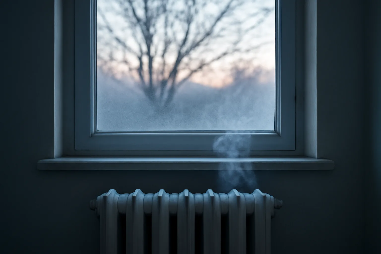 Steam rising from an apartment radiator by a frosted winter window