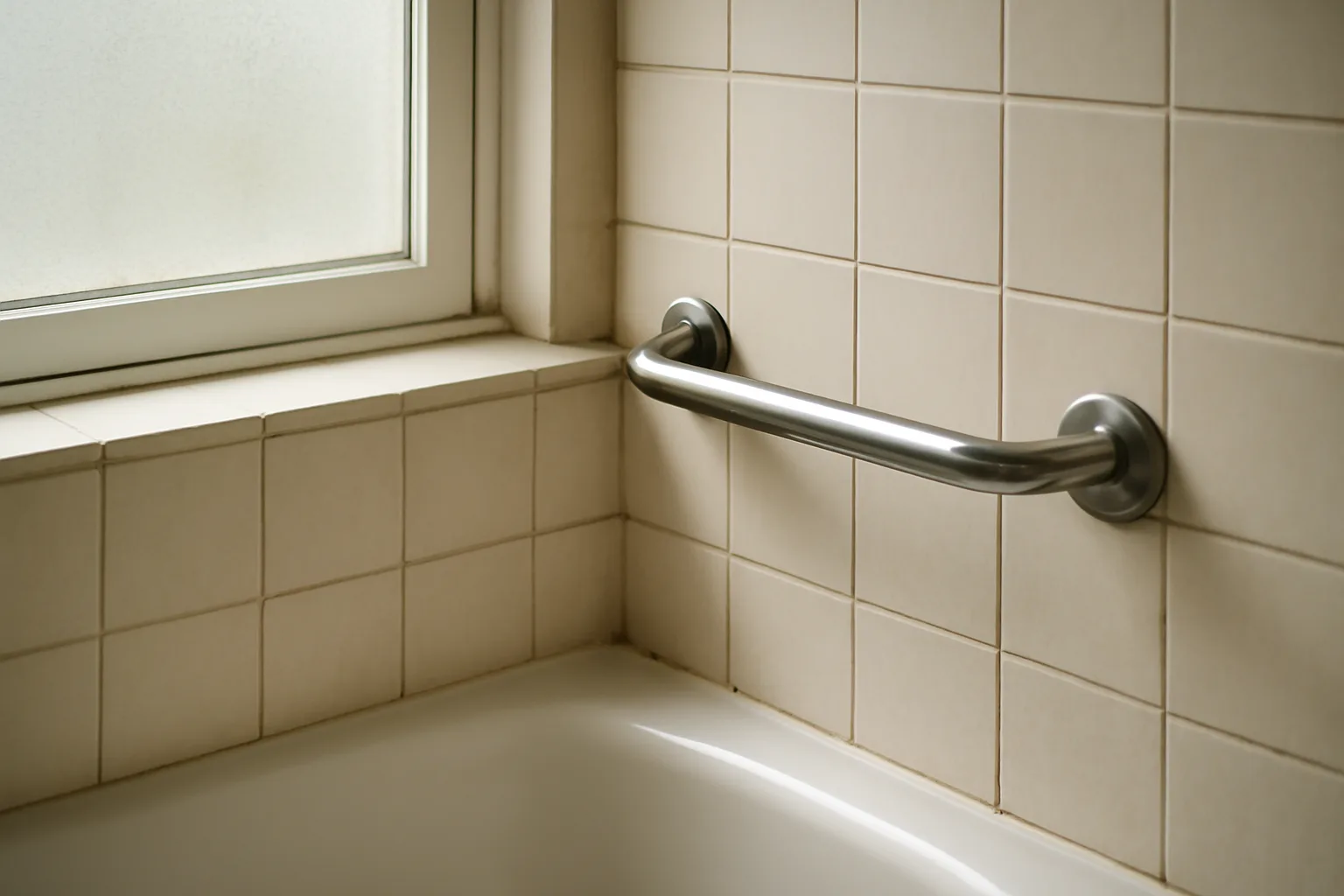 Stainless steel grab bar mounted beside a bathtub in a rental apartment bathroom