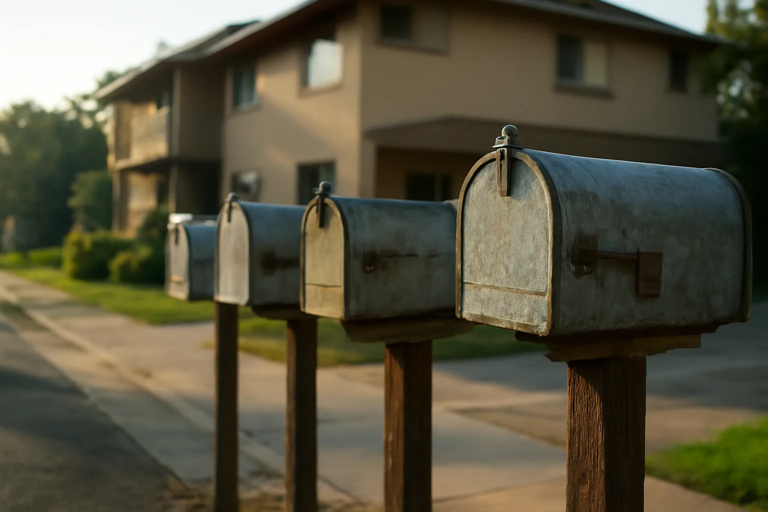Curbside mailboxes lined up outside a small rental apartment building in morning light