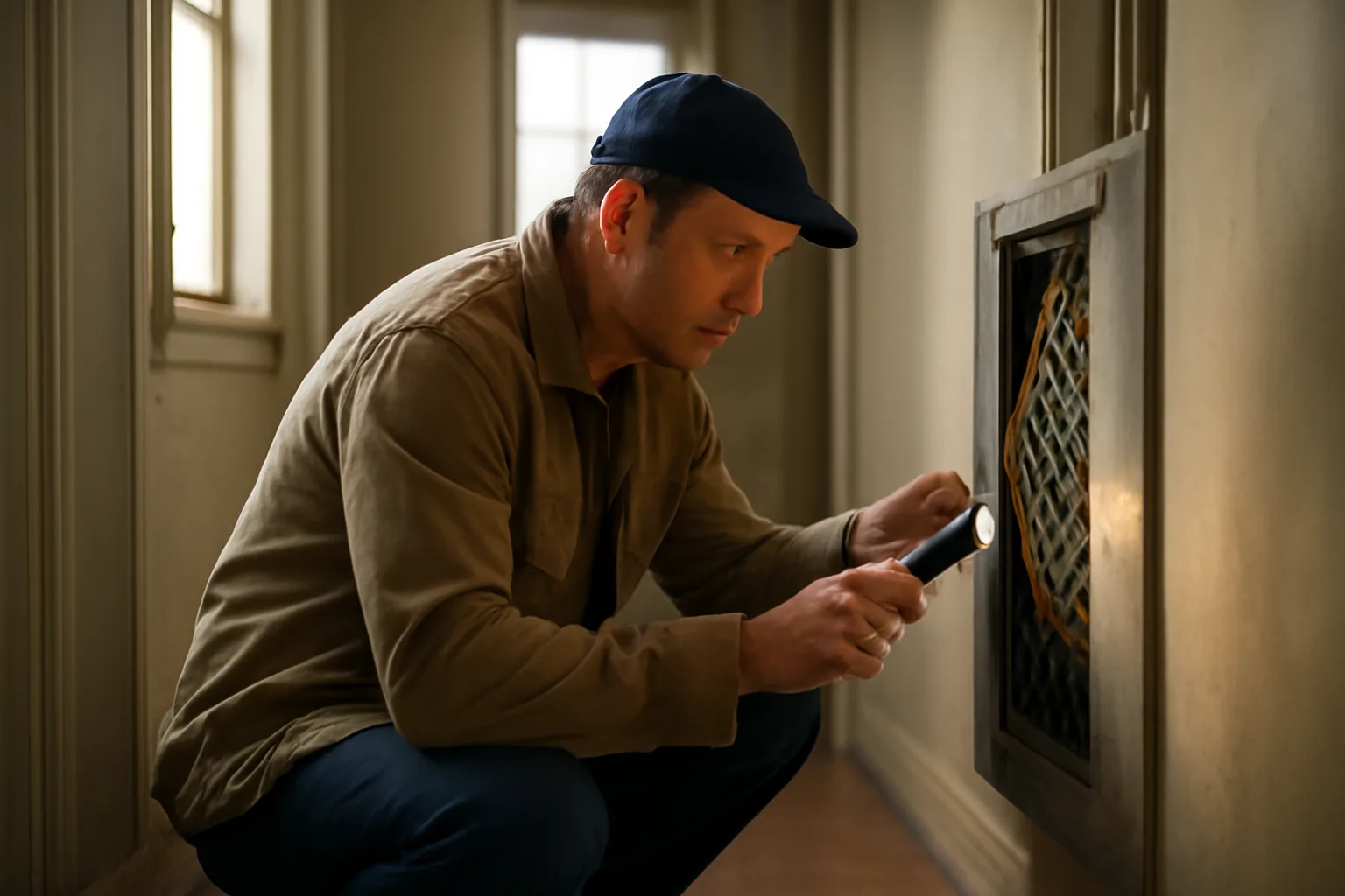 Landlord inspecting an electrical panel during a rental home inspection