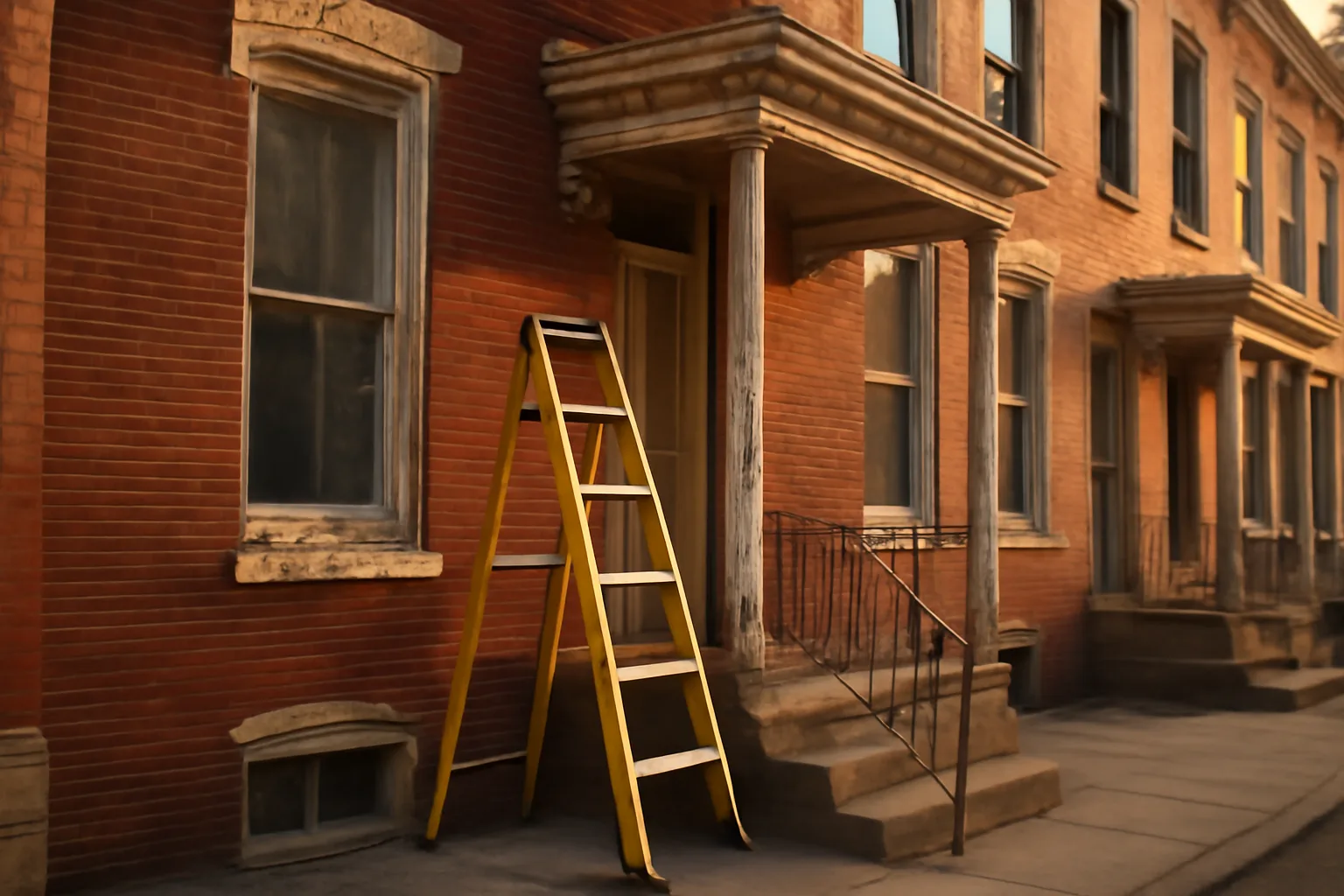 Baltimore row house exterior showing peeling paint near a window during a lead inspection