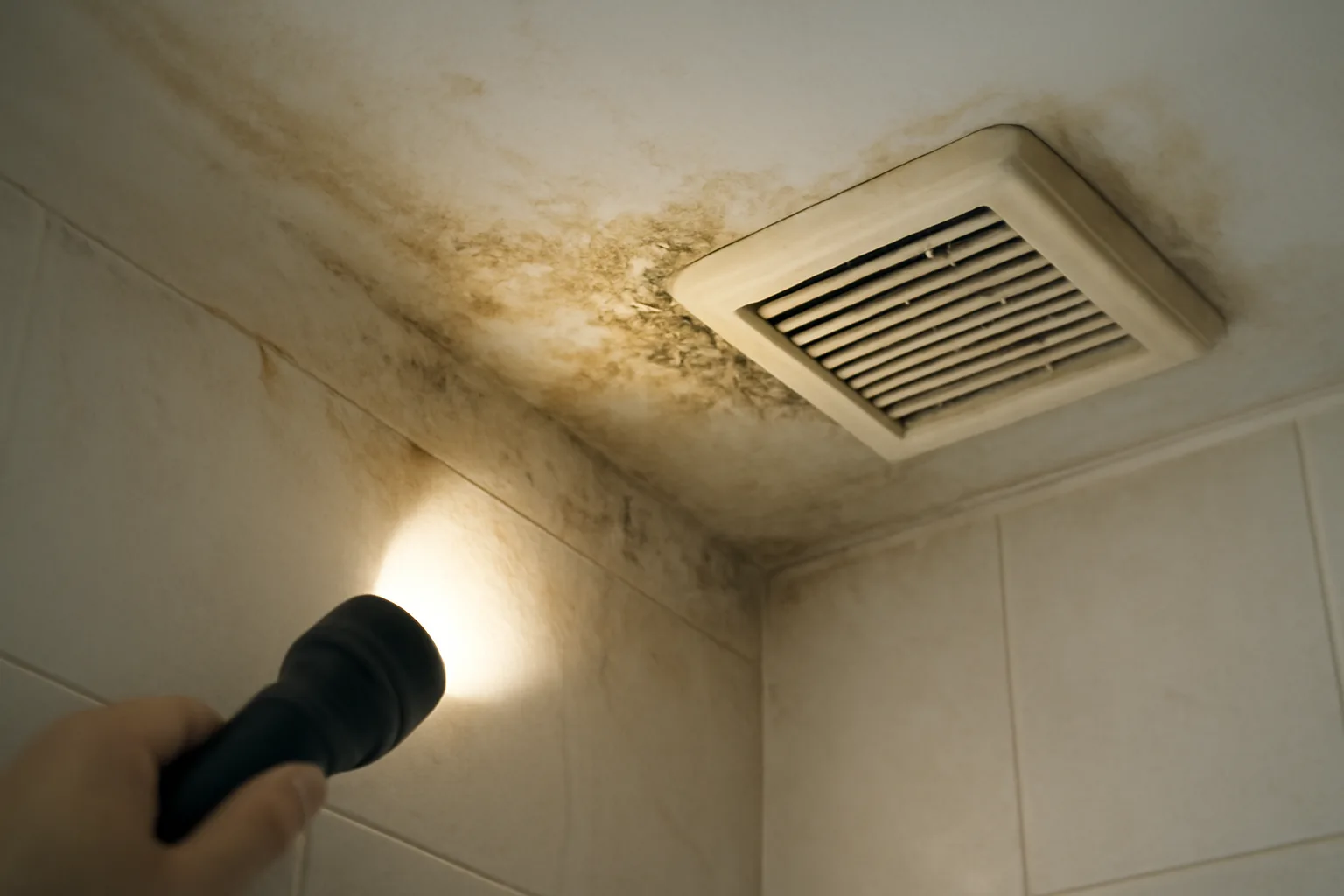 Flashlight beam highlighting mold and water staining on a rental bathroom ceiling