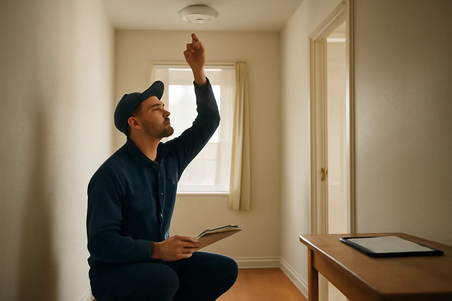 Landlord checking a smoke detector during a preventive maintenance inspection apartment walk-through