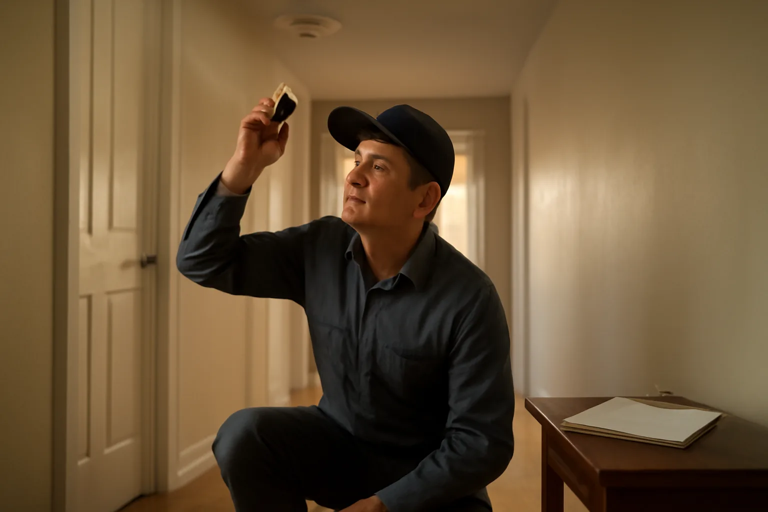 landlord performing a rental property inspection checking a hallway smoke detector