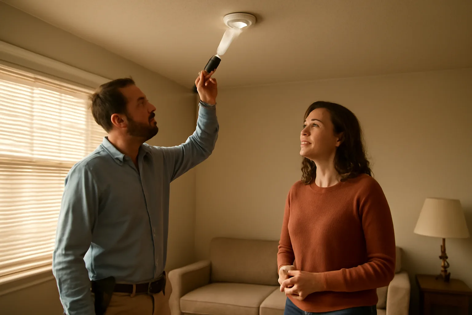 Inspector and landlord checking a smoke detector during a rental house inspection