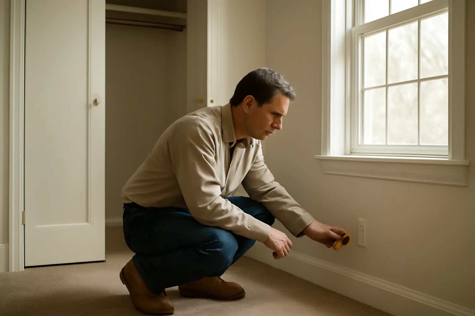 Landlord testing an outlet during a rental house walk through inspection in an empty bedroom