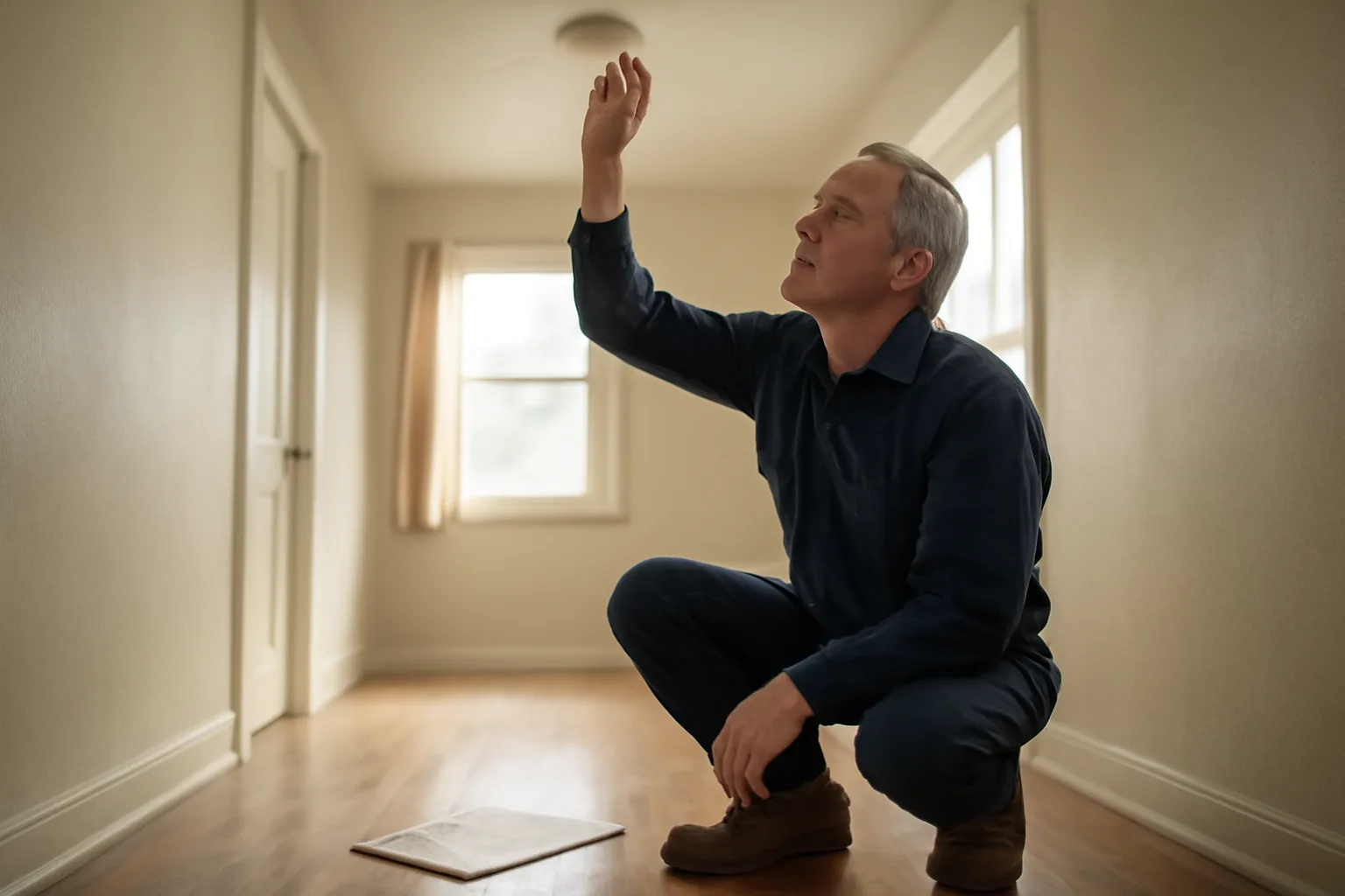 Landlord checking a smoke detector during a rental inspection checklist walk-through