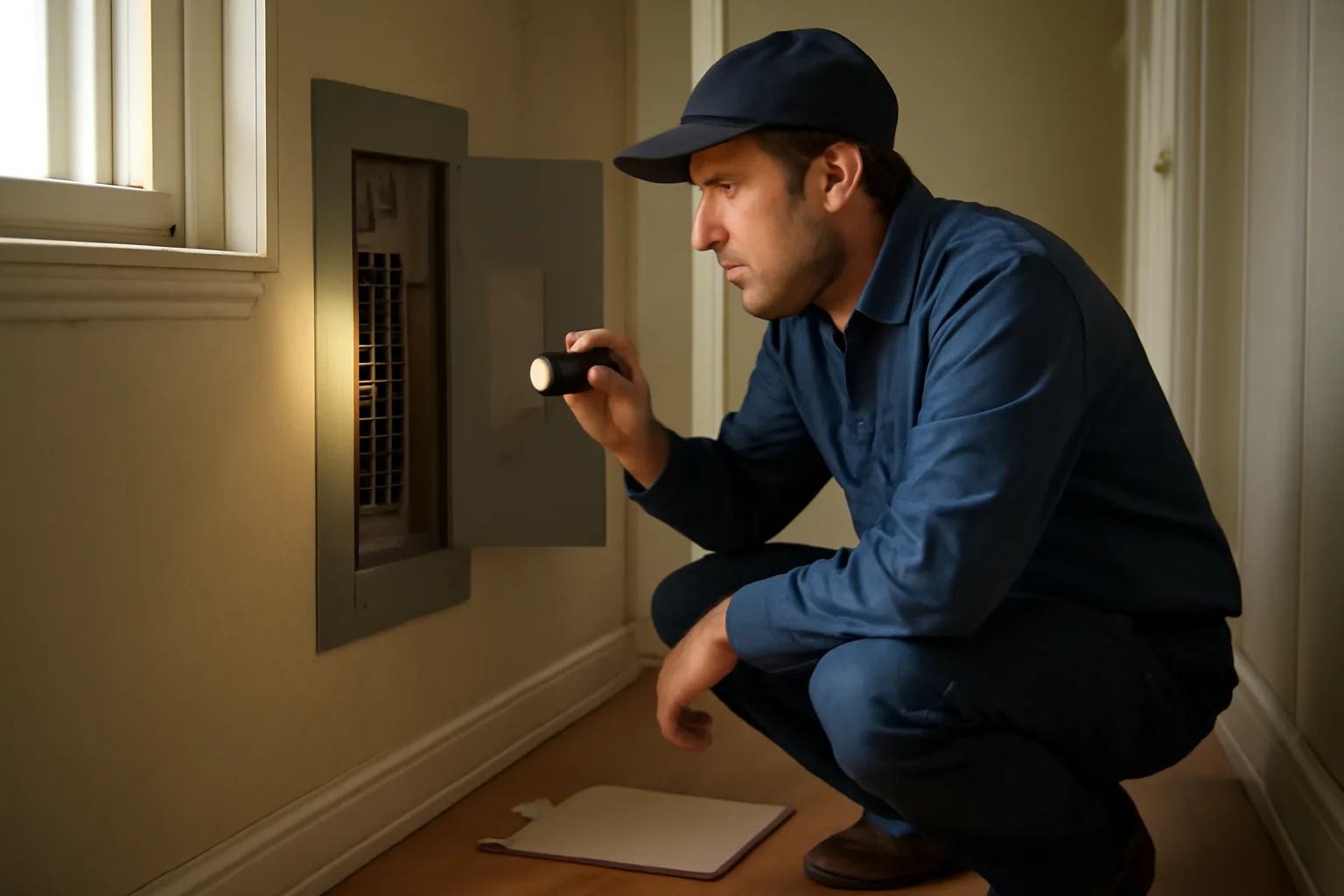 Landlord inspecting an electrical panel during a rental property inspection checklist walkthrough