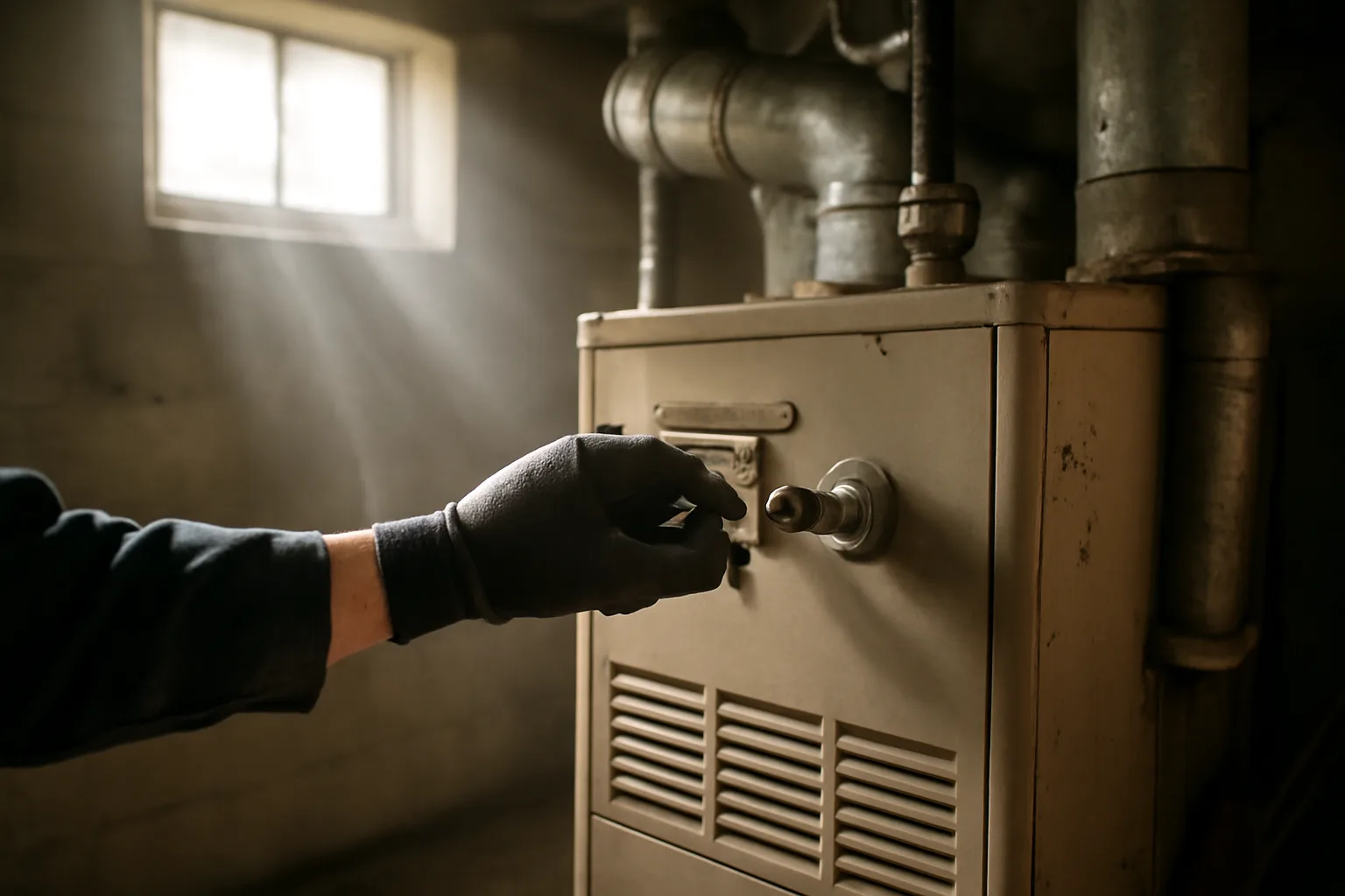 technician inspecting a residential furnace and gas valve during a basement equipment check