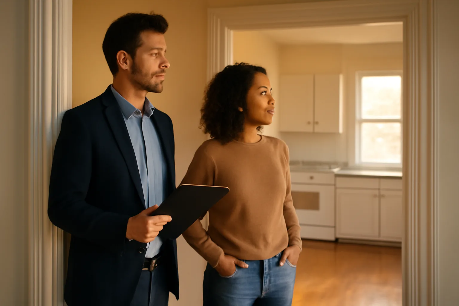 Landlord and tenant conducting a rental walk through in an empty apartment