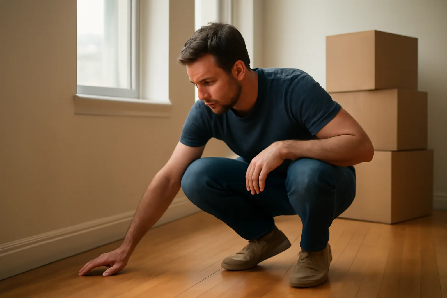 Landlord crouching to check hardwood floor during a tenant move-out inspection