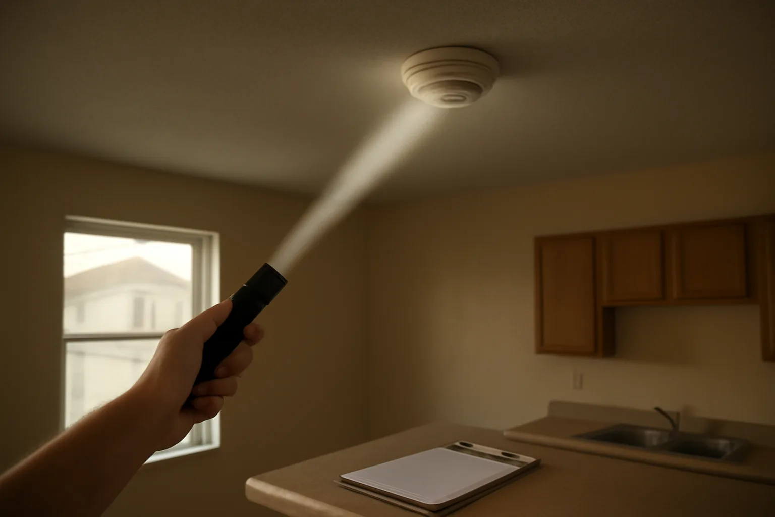 Inspector checking a smoke alarm during a rental unit inspection at dusk
