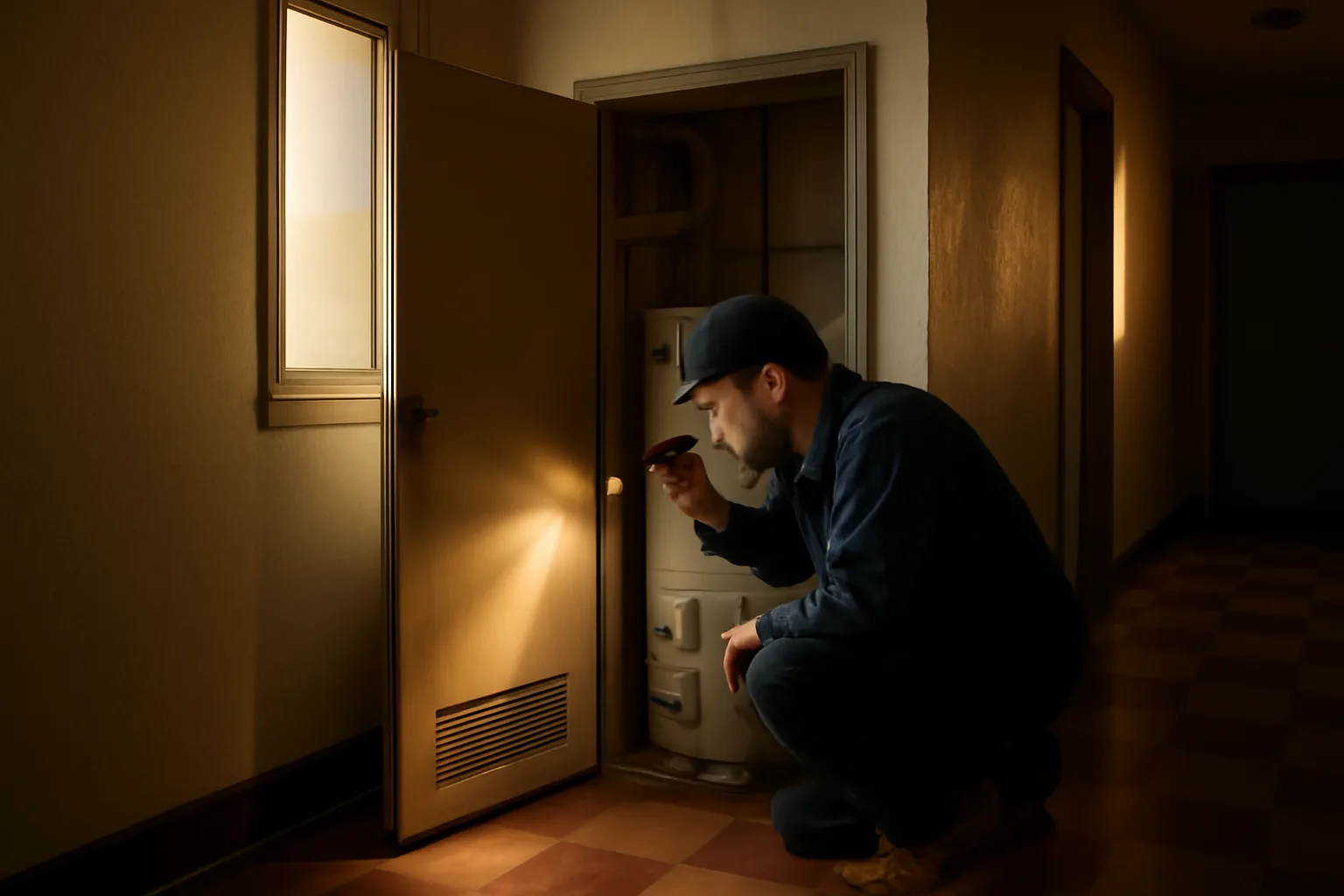 Landlord inspecting a water heater in an apartment building hallway during a repair check