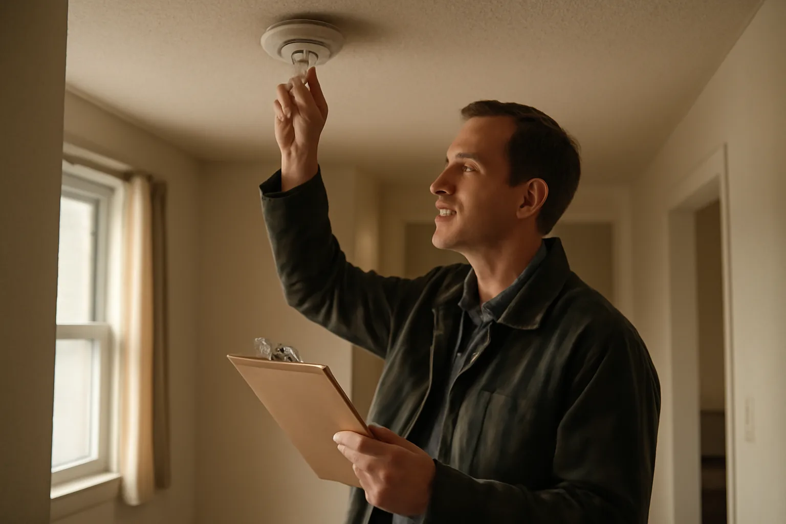 Landlord inspecting a smoke detector during a rental unit walkthrough