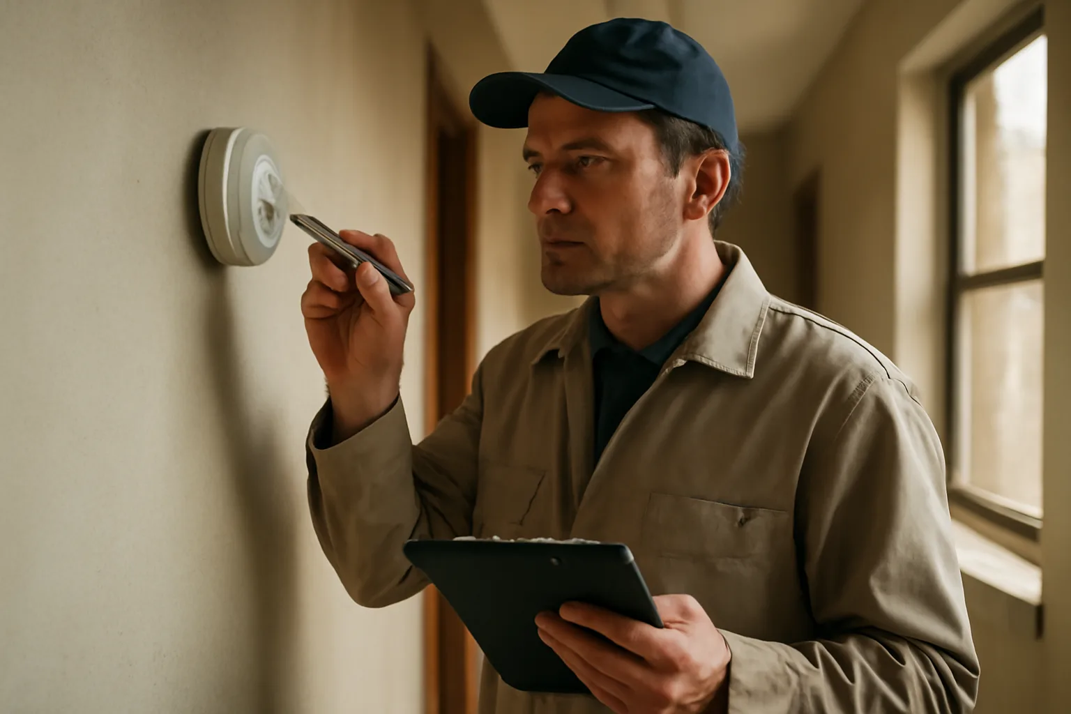 Inspector testing a smoke detector during a rental property inspection