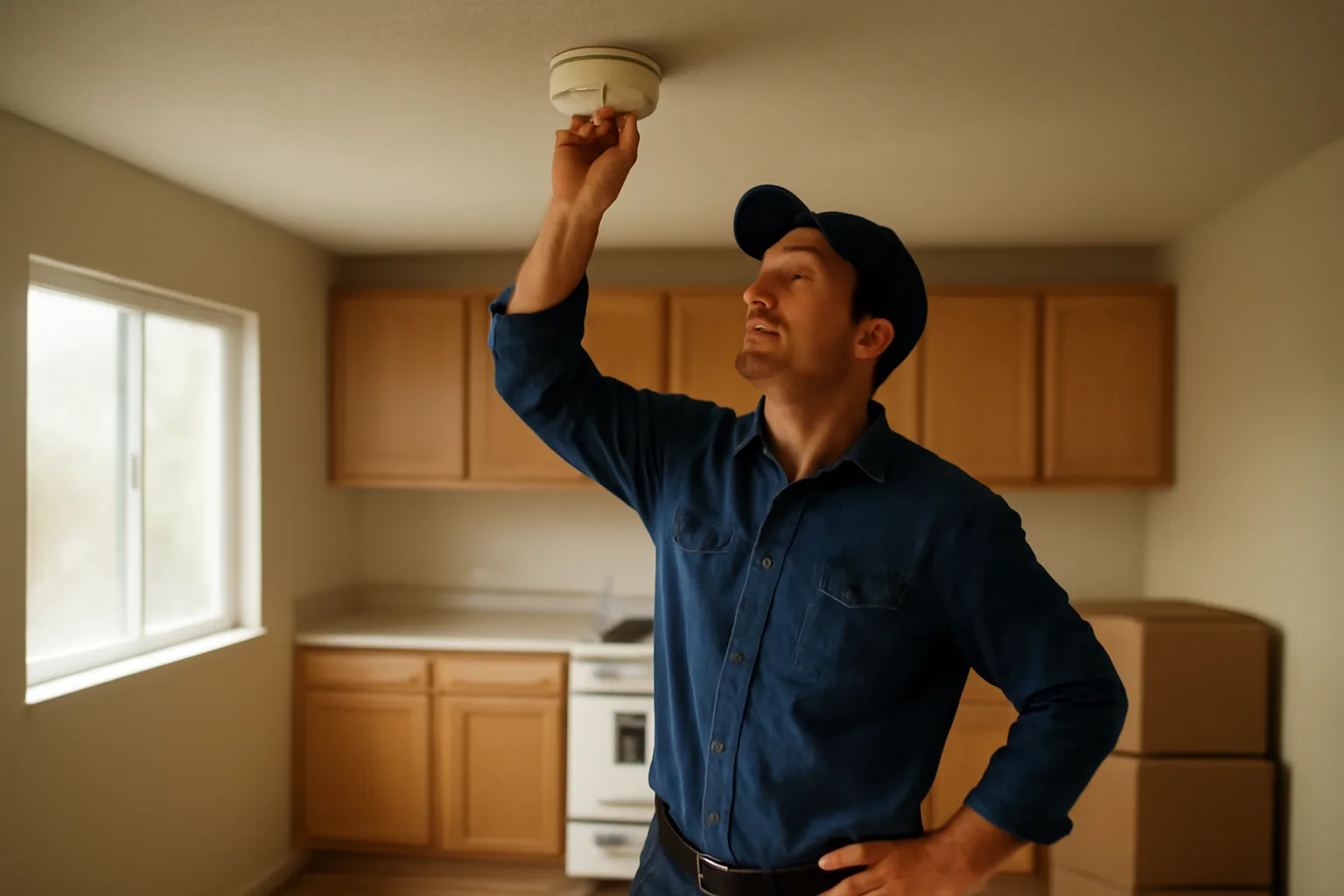 Landlord checking a smoke detector during a rental property inspection walk-through