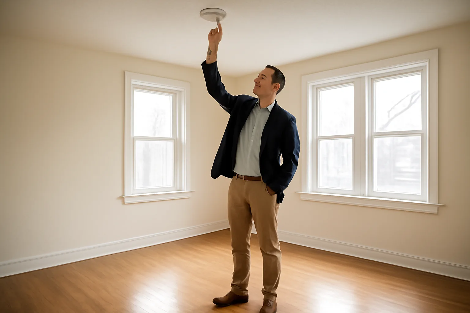 Landlord inspecting a smoke detector in an empty rental unit during daylight