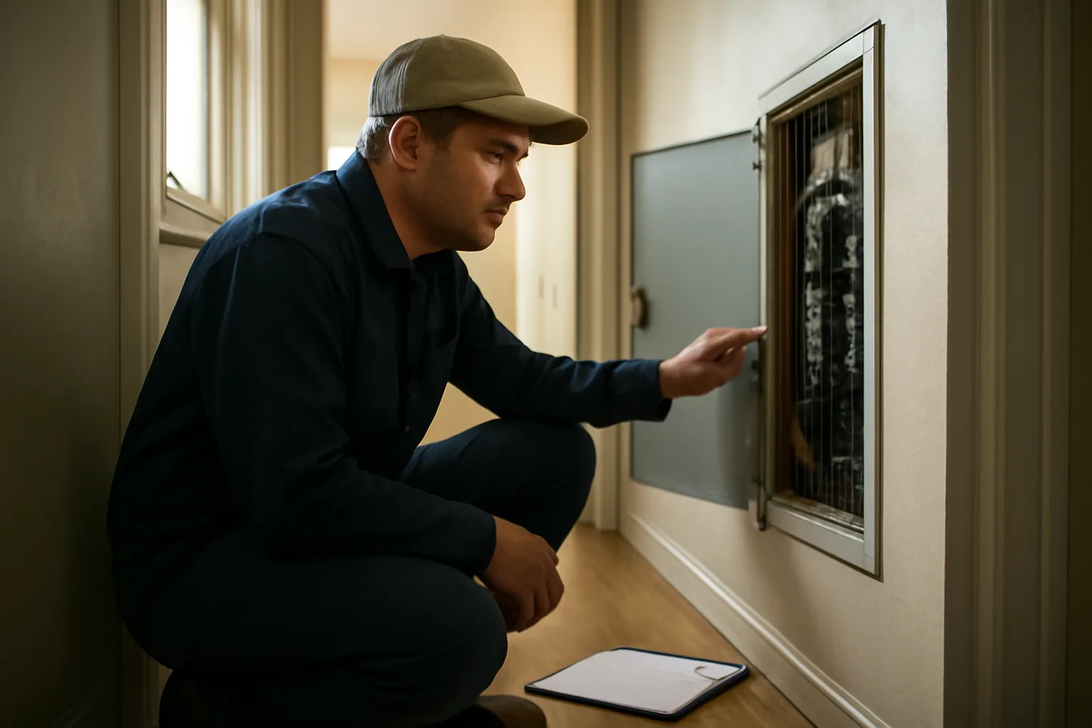 Landlord inspecting an electrical panel during a rental unit walkthrough