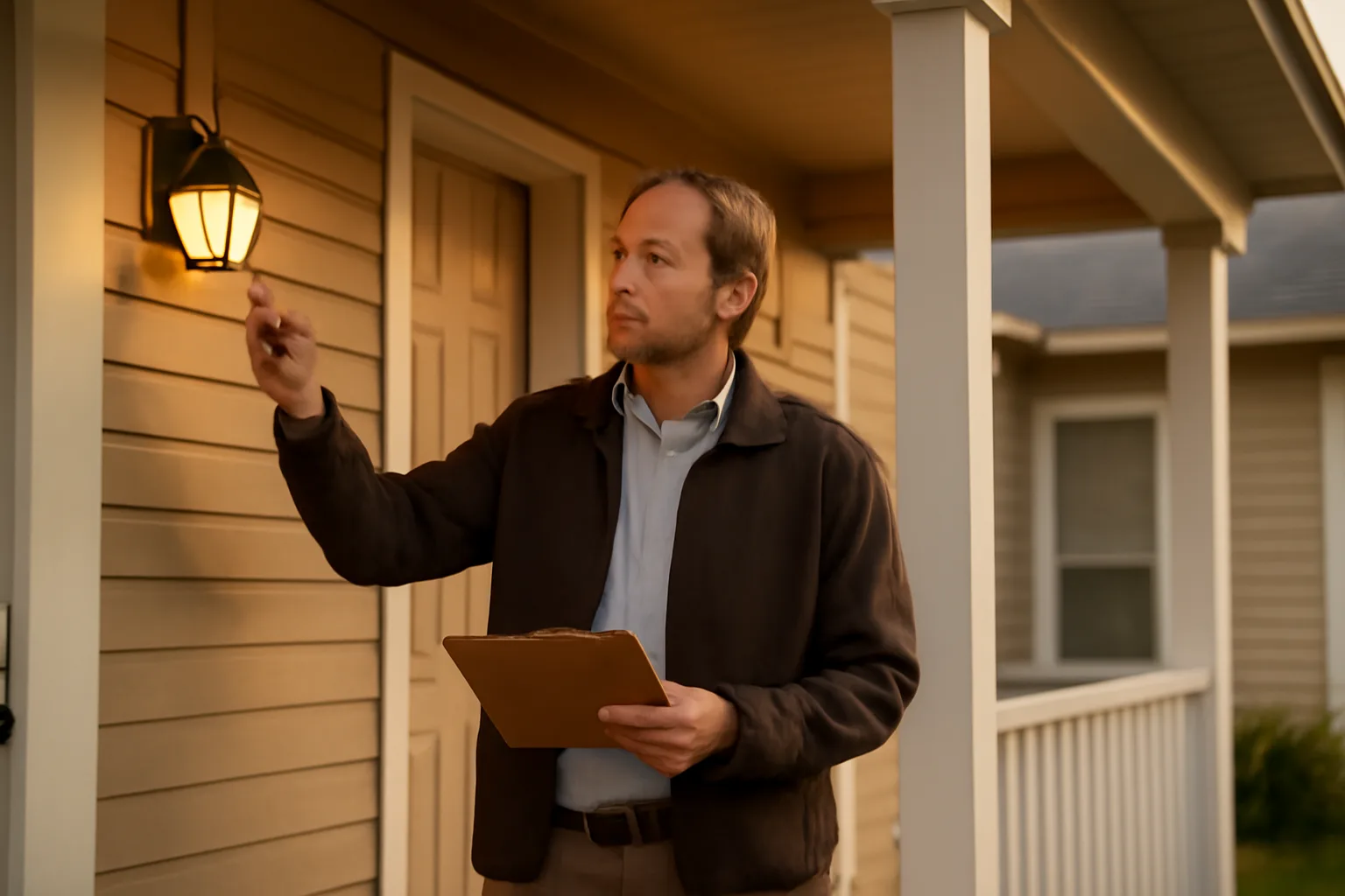 Landlord inspecting exterior condition of a small rental duplex at dusk