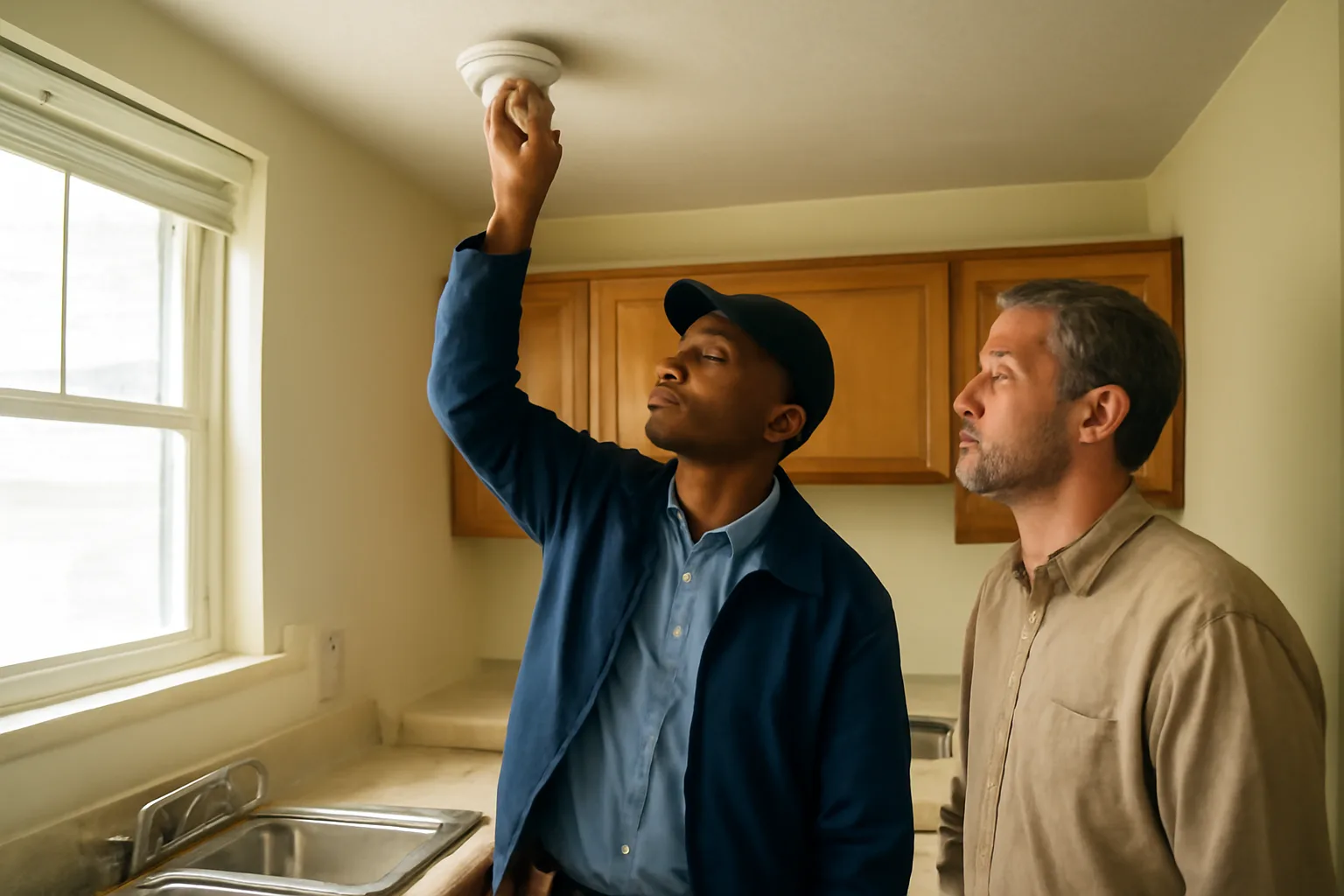 Inspector checking a smoke detector during a Section 8 landlord rental inspection