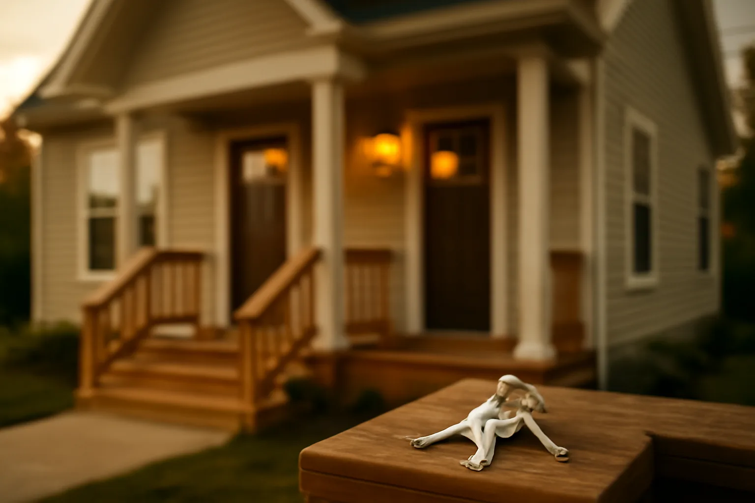 Duplex porch at dusk with keys on the railing, representing new landlord requirements