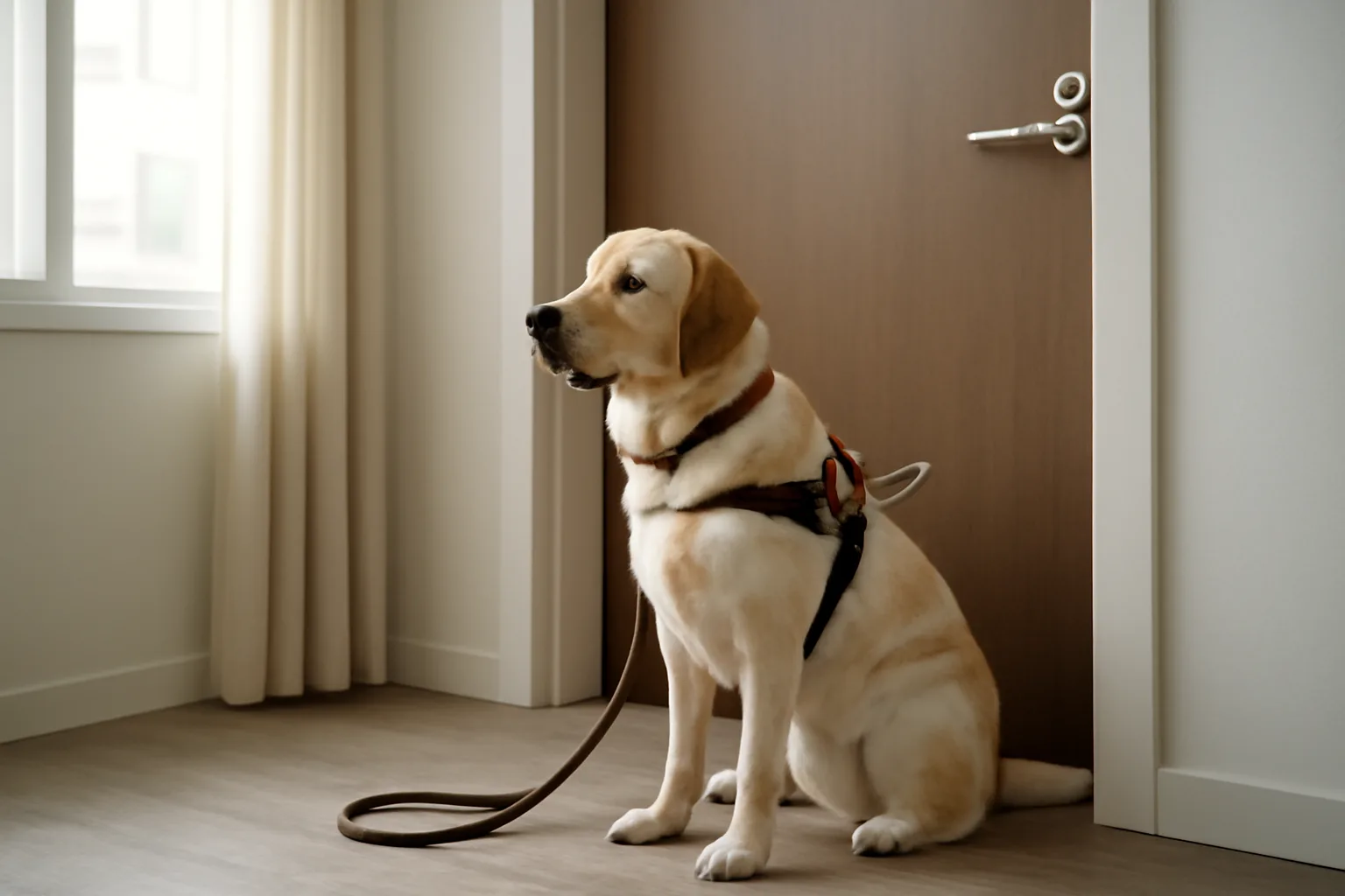 Guide dog in harness sitting beside an apartment doorway, illustrating service animal housing rights