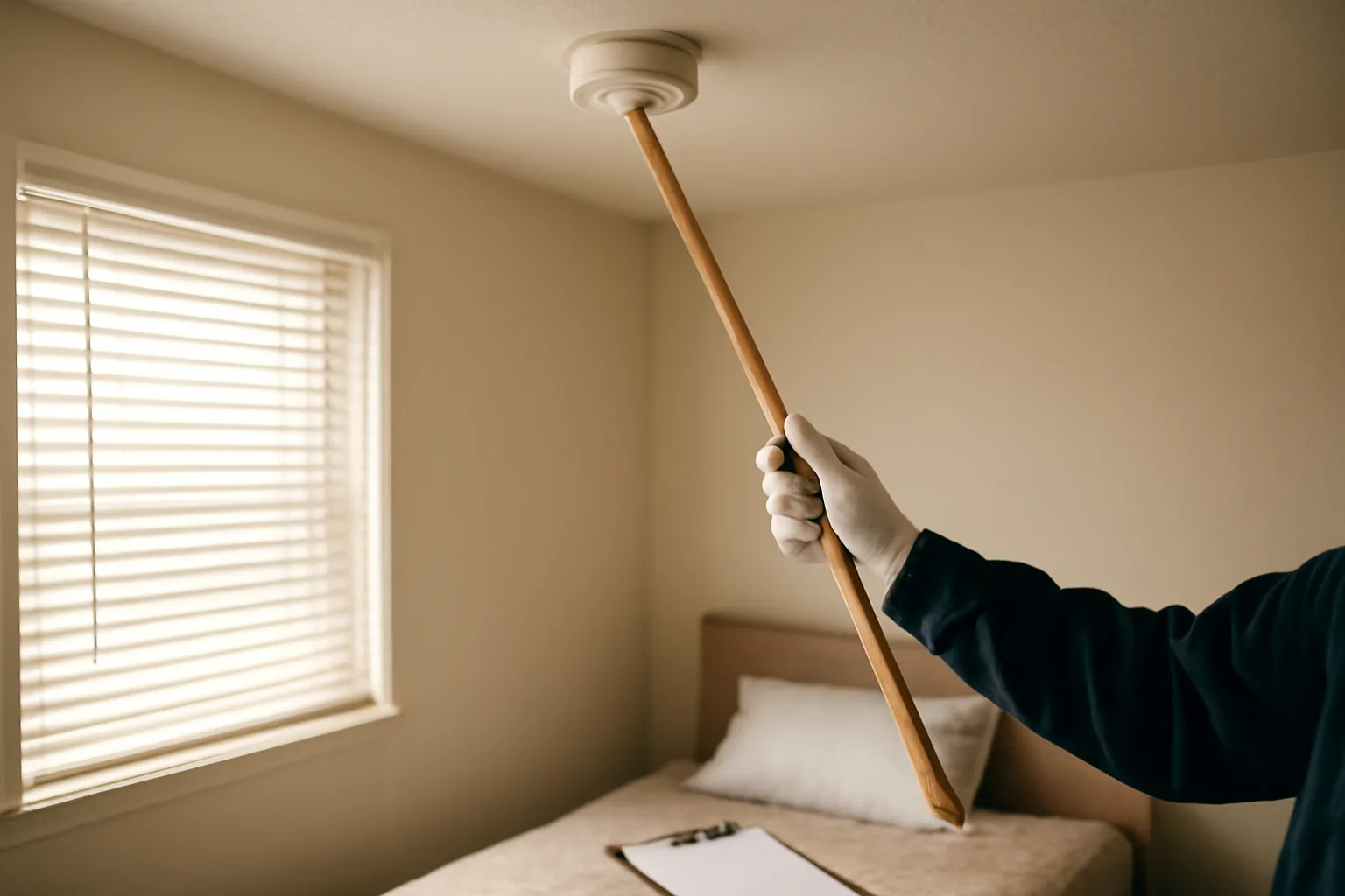 Inspector testing a smoke alarm during a rental property inspection