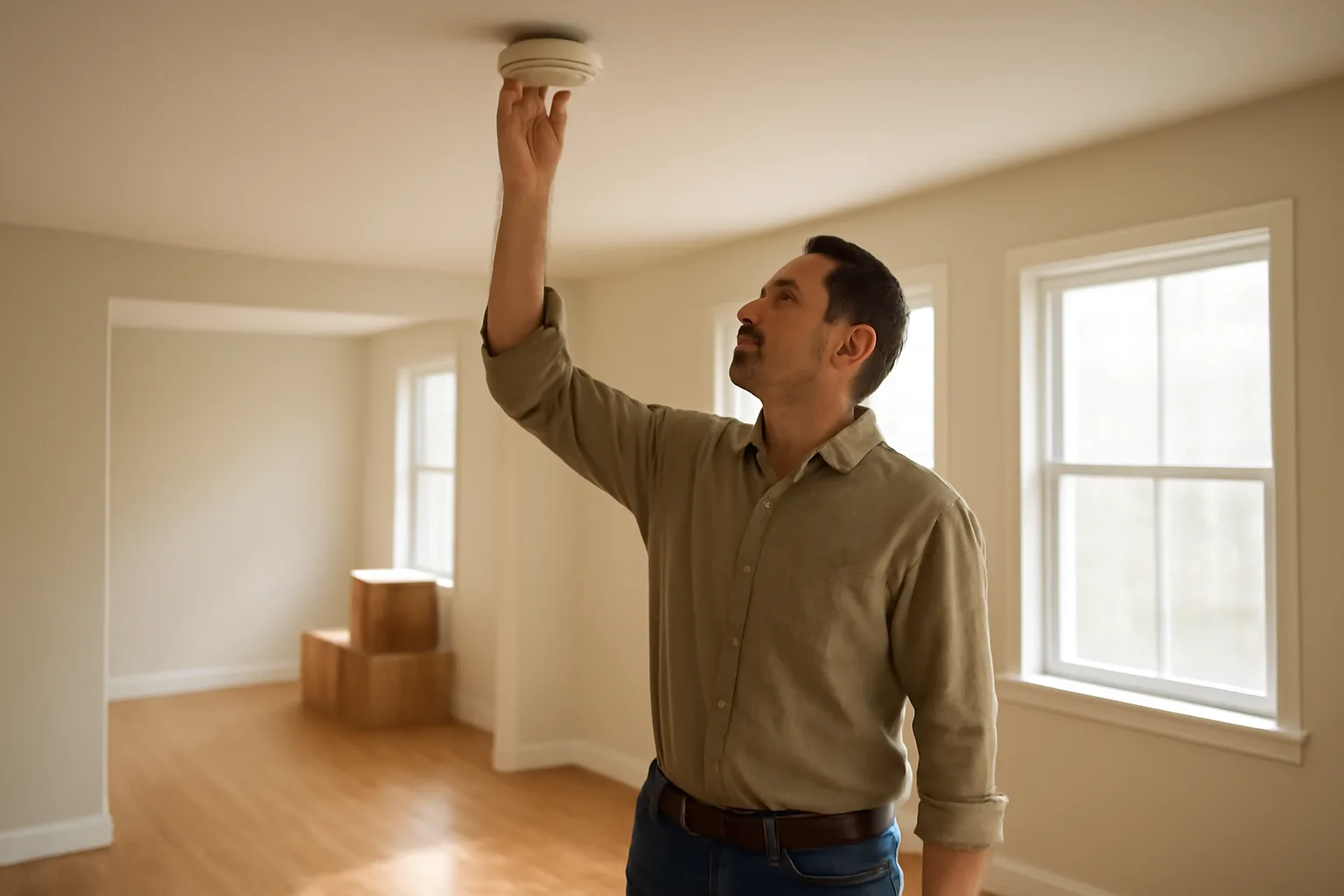 Landlord inspecting a smoke detector in an empty rental apartment before move-in