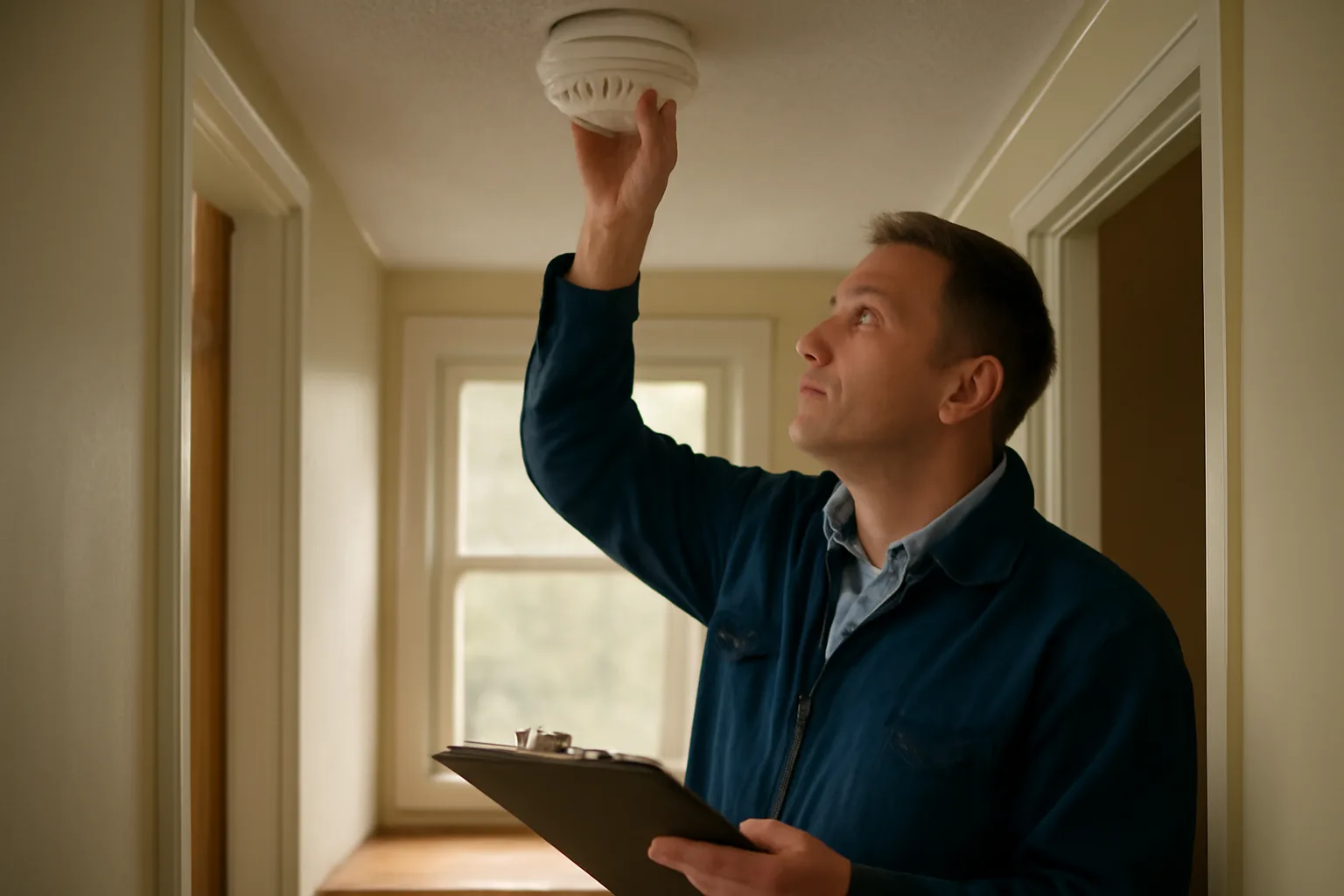 Inspector testing a smoke alarm during a rental unit inspection