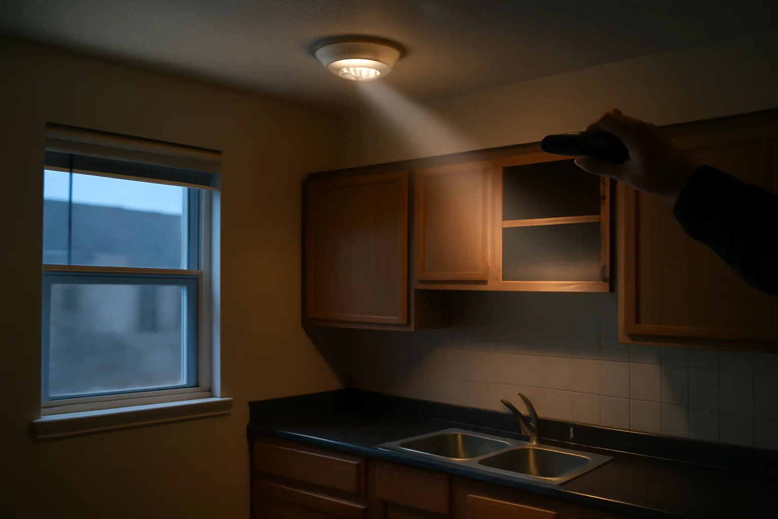 Inspector's flashlight checking a smoke alarm and under-sink plumbing during a rental inspection