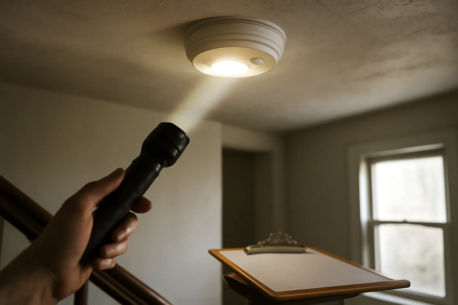 Inspector checking a ceiling smoke alarm during a rental house inspection