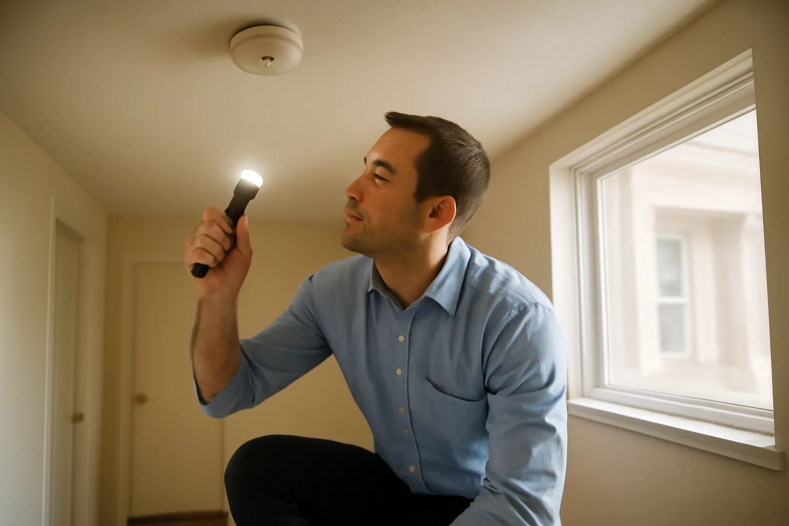 Inspector checking a smoke alarm during a city rental inspection walkthrough