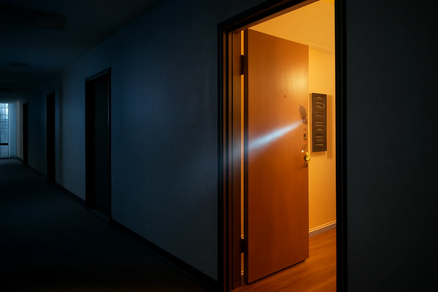 Inspector's flashlight beam on an apartment electrical panel during a rental inspection