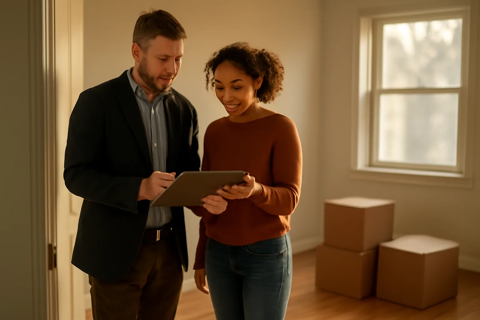 Landlord and tenant reviewing disclosure paperwork in an empty rental unit doorway