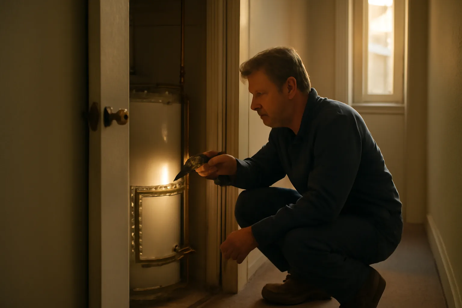 Landlord inspecting a water heater pipe to determine what needs fixing in a rental unit