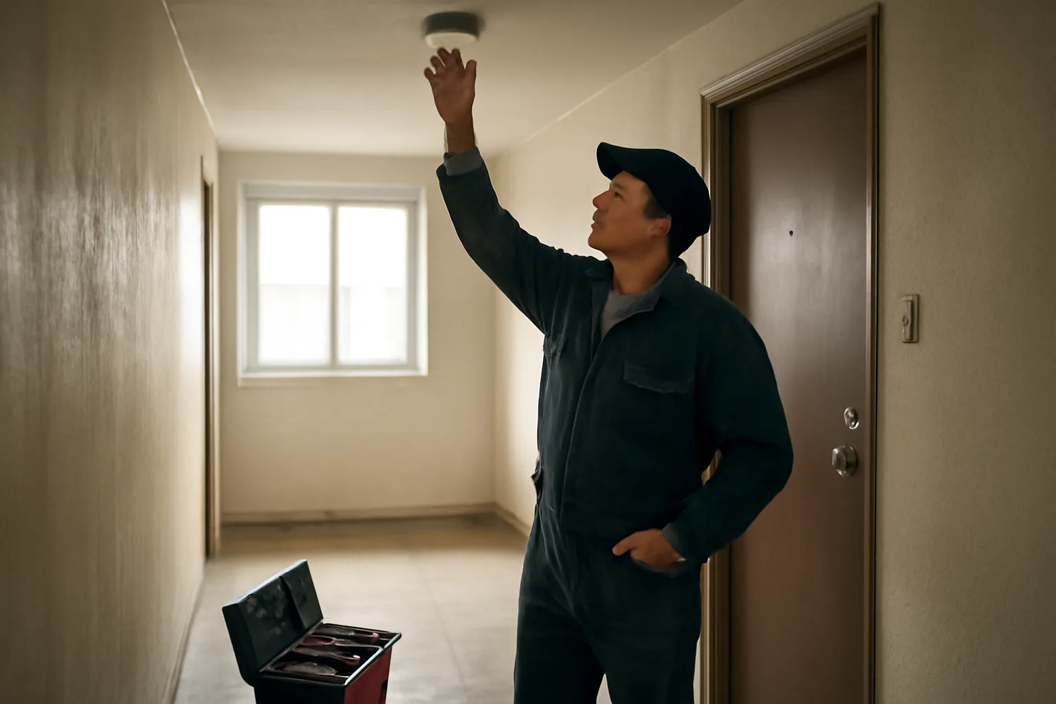 Landlord inspecting a smoke detector in an apartment hallway during a routine check