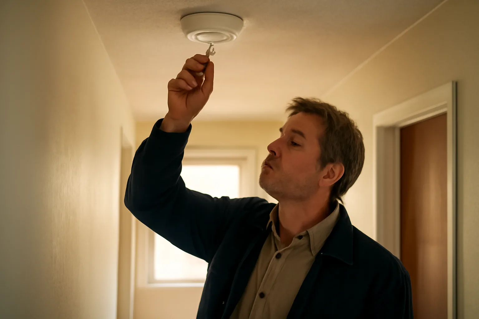 Landlord standing on a ladder testing a smoke detector during a rental unit inspection