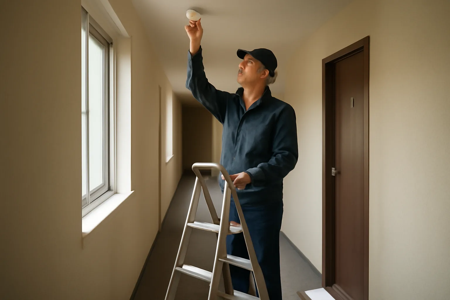 Inspector checking a smoke detector during a rental license inspection in an apartment hallway