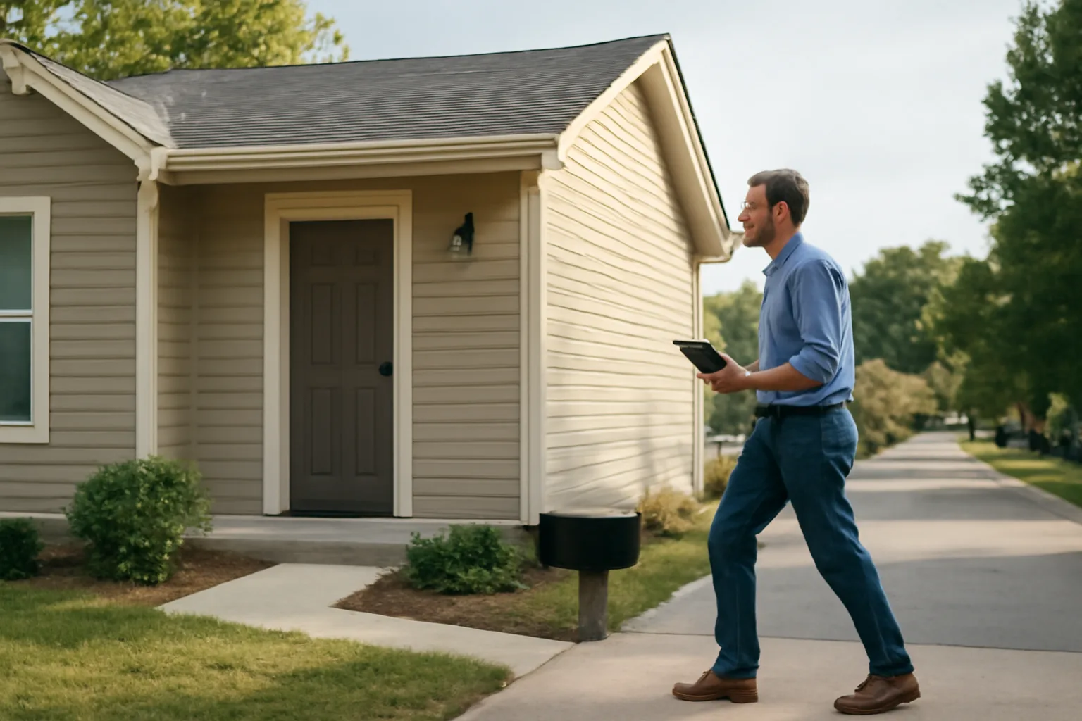 Landlord walking up to a rental home with a clipboard for a registration inspection